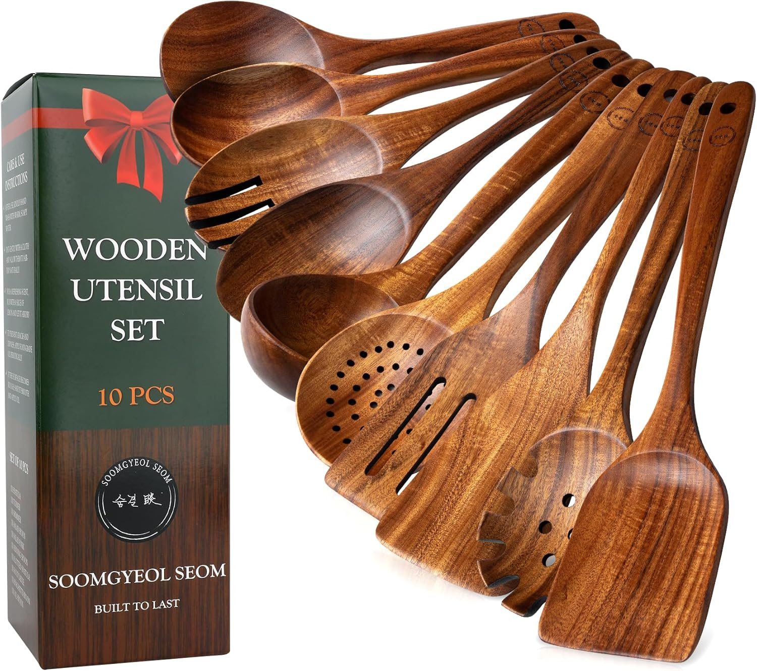 Wooden Spoons for Cooking, 10 Pcs Teak Wood Cooking Utensil Set ‚ Wooden Kitchen Utensils for Nonstick Pans & Cookware ‚ Sturdy, Lightweight & Heat Resistant