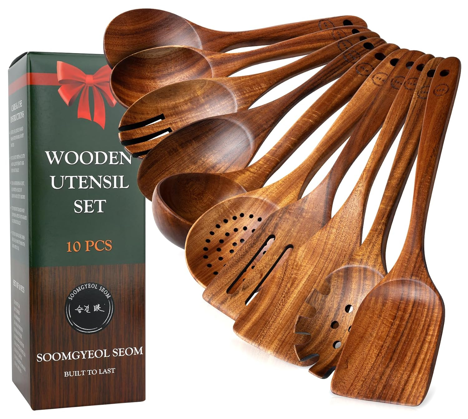 Wooden Spoons for Cooking, 10 Pcs Teak Wood Cooking Utensil Set ‚ Wooden Kitchen Utensils for Nonstick Pans & Cookware ‚ Sturdy, Lightweight & Heat Resistant