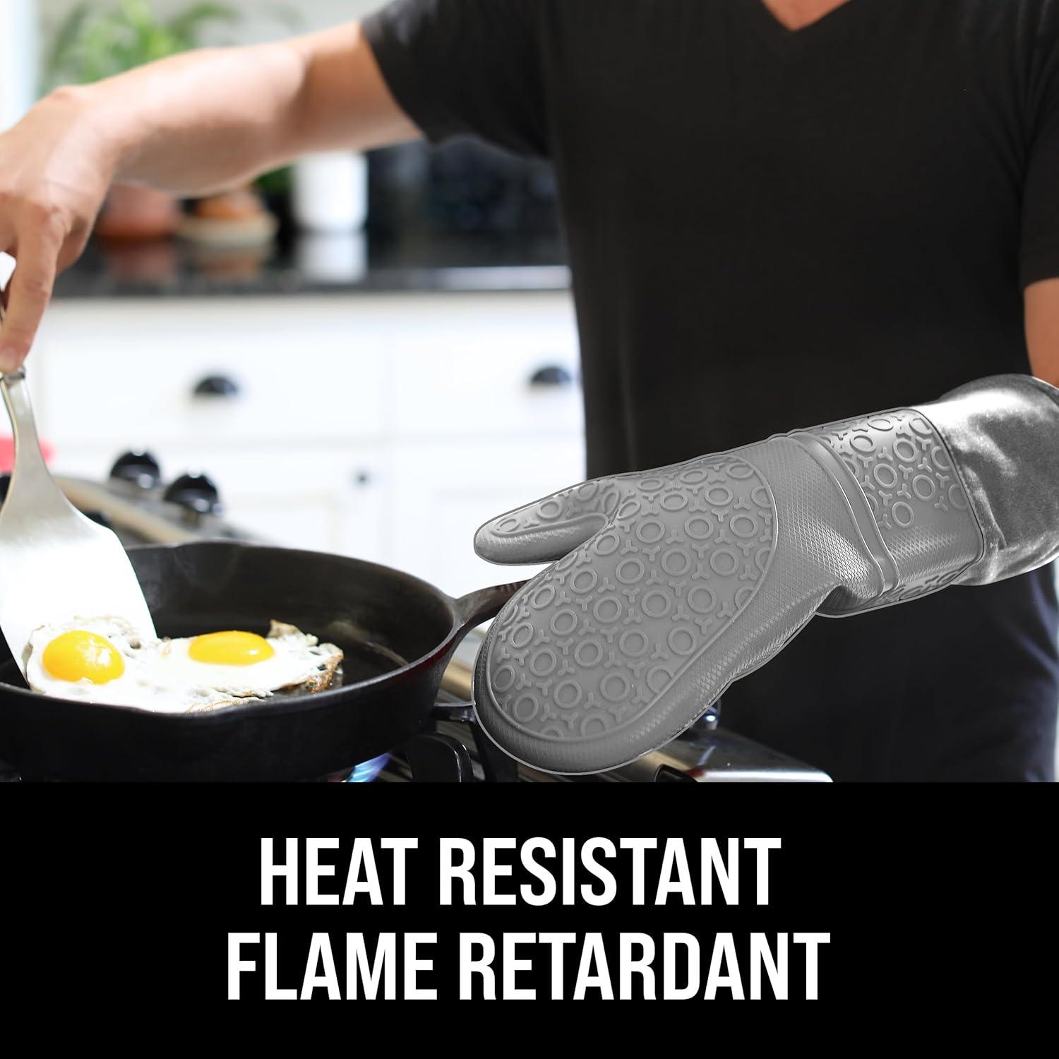 HOMWE Extra Long Professional Silicone Oven Mitt, Oven Mitts with Quilted Liner, Heat Resistant Pot Holders, Flexible Oven Gloves, Gray, 1 Pair, 14.7 Inch