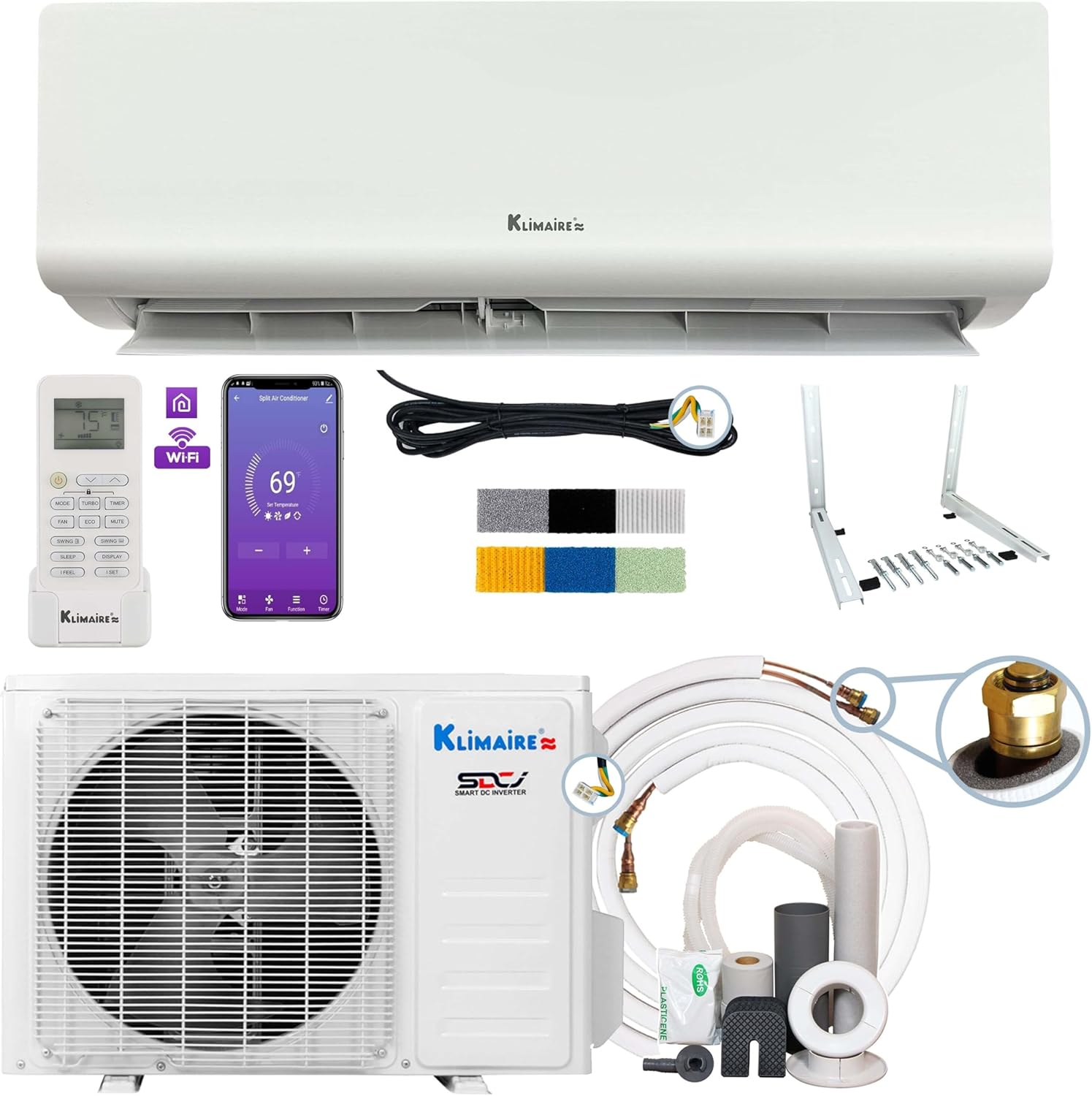 Klimaire DIY 18,000 BTU 19 SEER2 WiFi-Enabled Mini-Split Heat Pump Air Conditioner with 25-Ft Pre-Charged Quick-Connect Installation Kit, Up to 1,000 Sq. Ft.