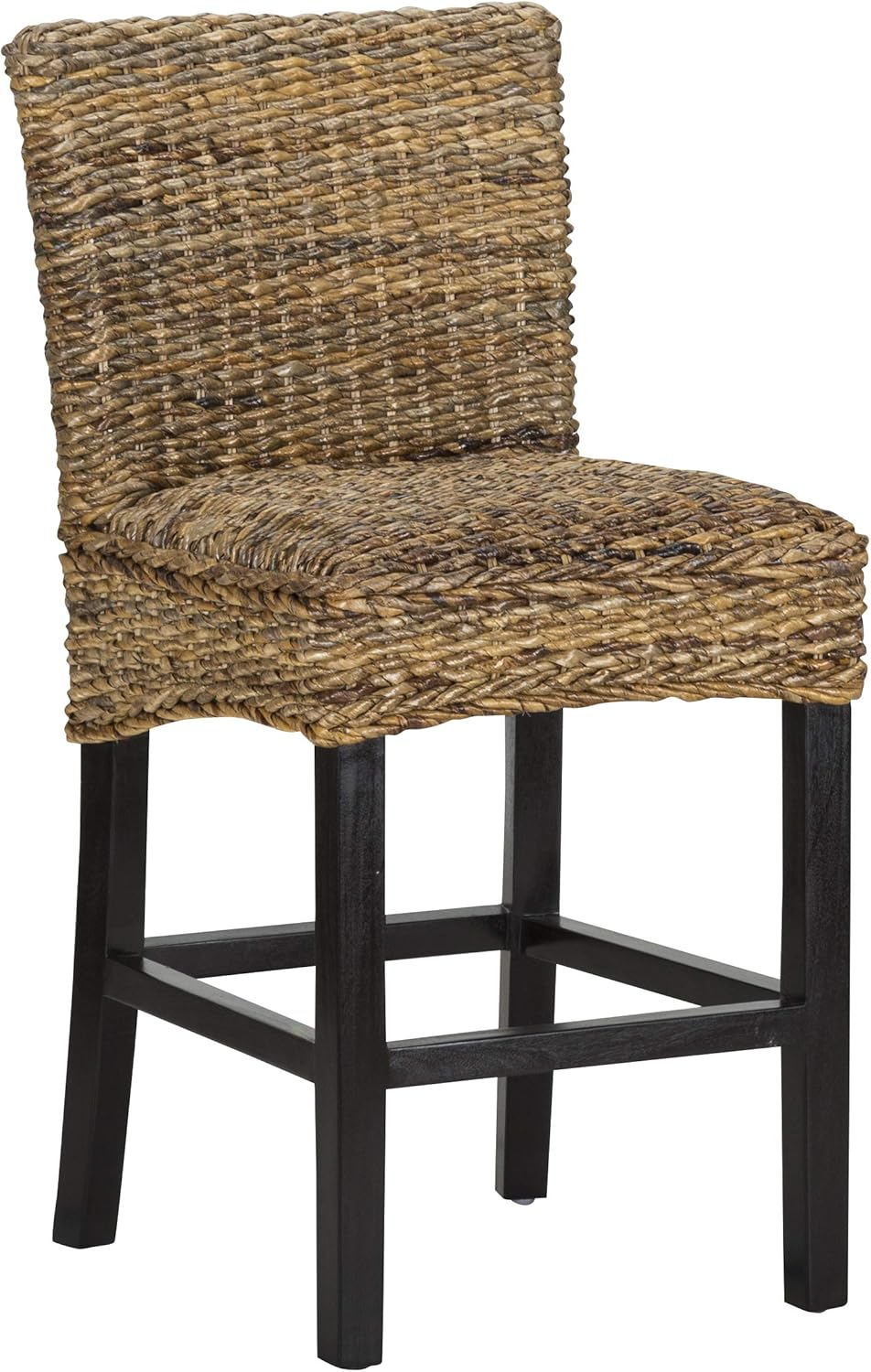 Woven Rattan Counter Height Stool with Wooden Legs and Low Profile Backrest Brown and Black- Saltoro Sherpi