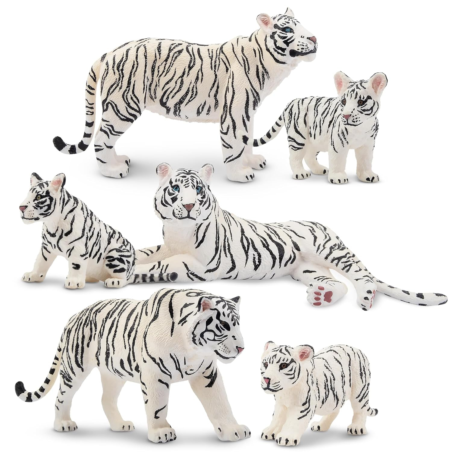 Toymany 6PCS Realistic White Tigers Figurines with Tiger Cubs, 2-6" Jungle Animals Figures Family Set Includes Baby Tigers, Educational Toy Cake Toppers Christmas Birthday Gift for Kids Toddlers
