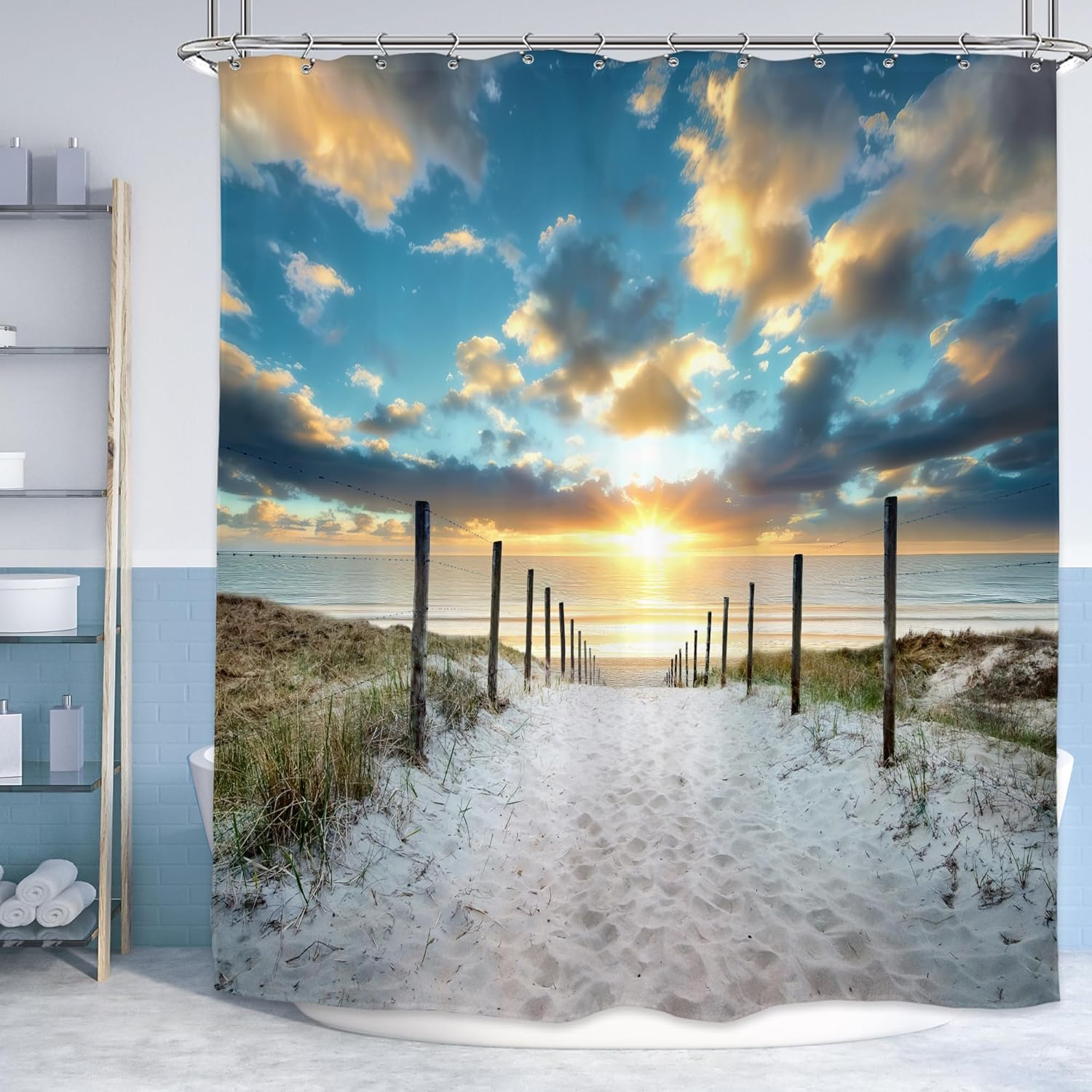 Riyidecor Ocean Beach Shower Curtain 72Wx72H Inch Beachy Coatsal Seaside Seashore Summer Tropical Sunset Nature Landscape Bathroom Decor Fabric Polyester Waterproof 12 Pack Hooks