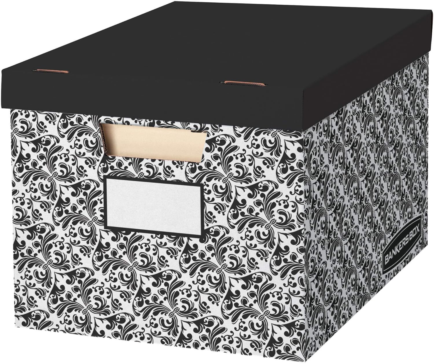 Bankers Box 10 Pack STOR/FILE Decorative Medium-Duty File Storage Boxes, FastFold, Lift-Off Lid, Letter/Legal, Black/White Brocade