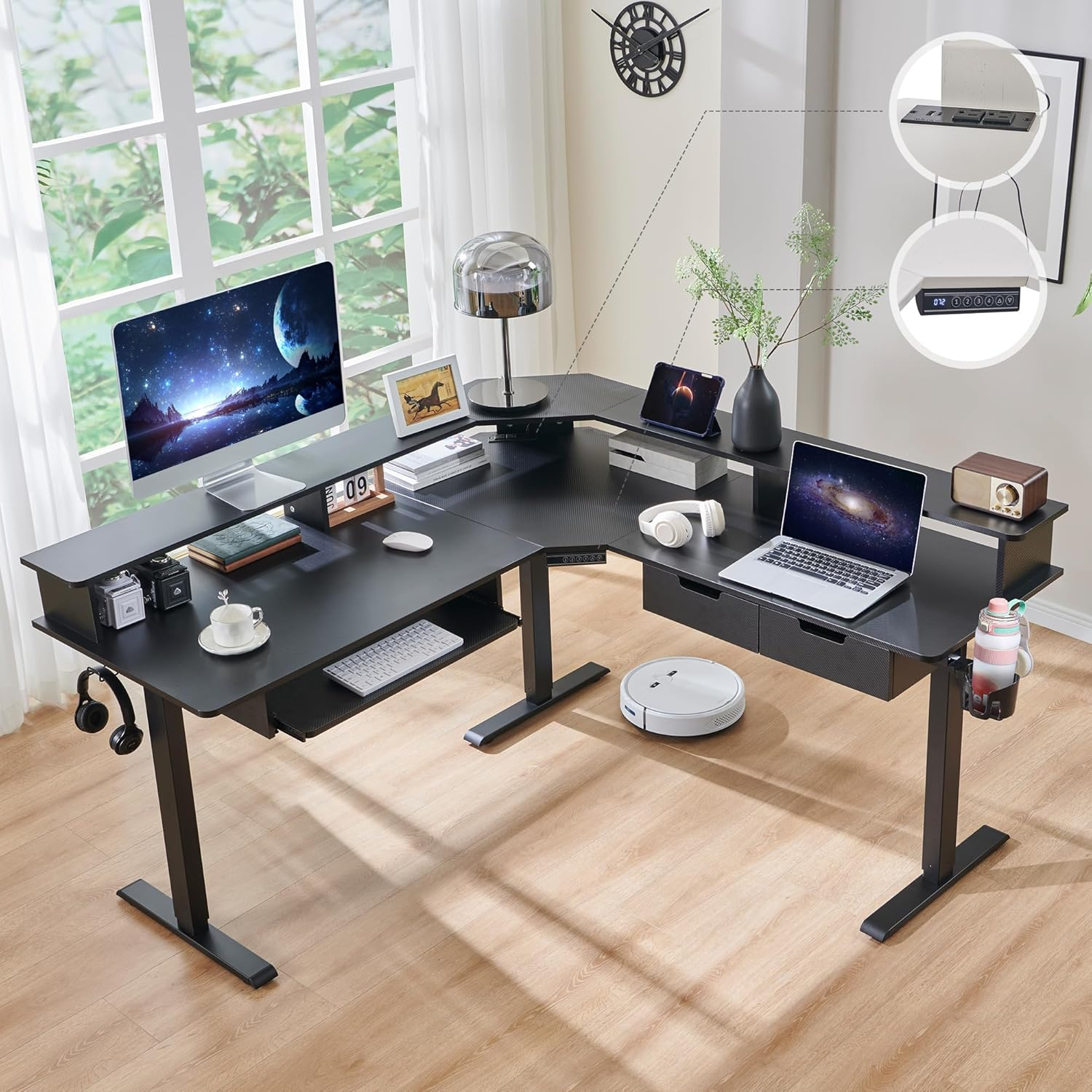 RedLemon 60 Inches L Shaped Electric Standing Desk, Height Adjustable Corner Gaming Desk with Drawers, Power Outlets & LED Lights, Computer Desk with Monitor Shelf, Carbon Fiber Black