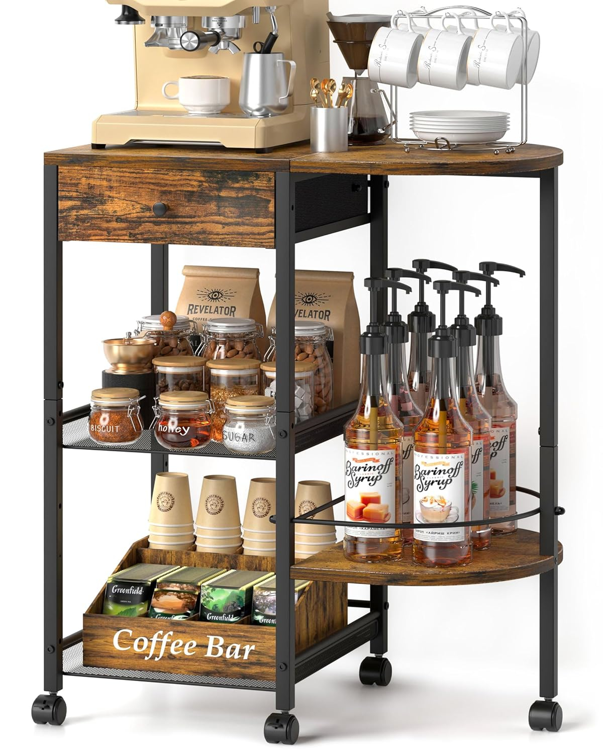 VINAEMO Coffee Bar Station with Wheels and Storage Drawer,15.35'' Deeper Large Coffee Bar Table Stand for Kitchen Office Living Room,Rustic Brown