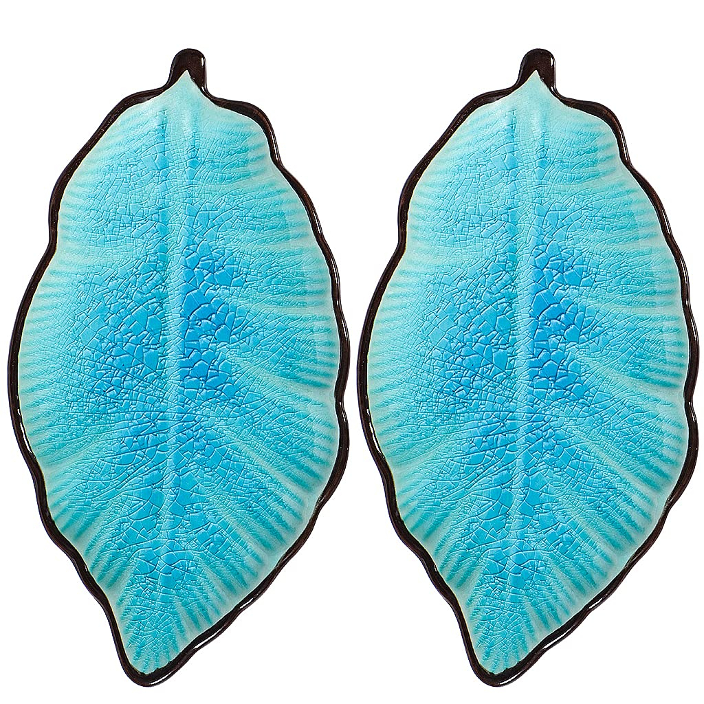 2 Pack Leaf Spoon Rest, Ceramic Ladle Holder, Modern Farmhouse Decorative Utensil Rester for Stove Top, Kitchen Counter, Dining Table, Coffee Station (Teal)