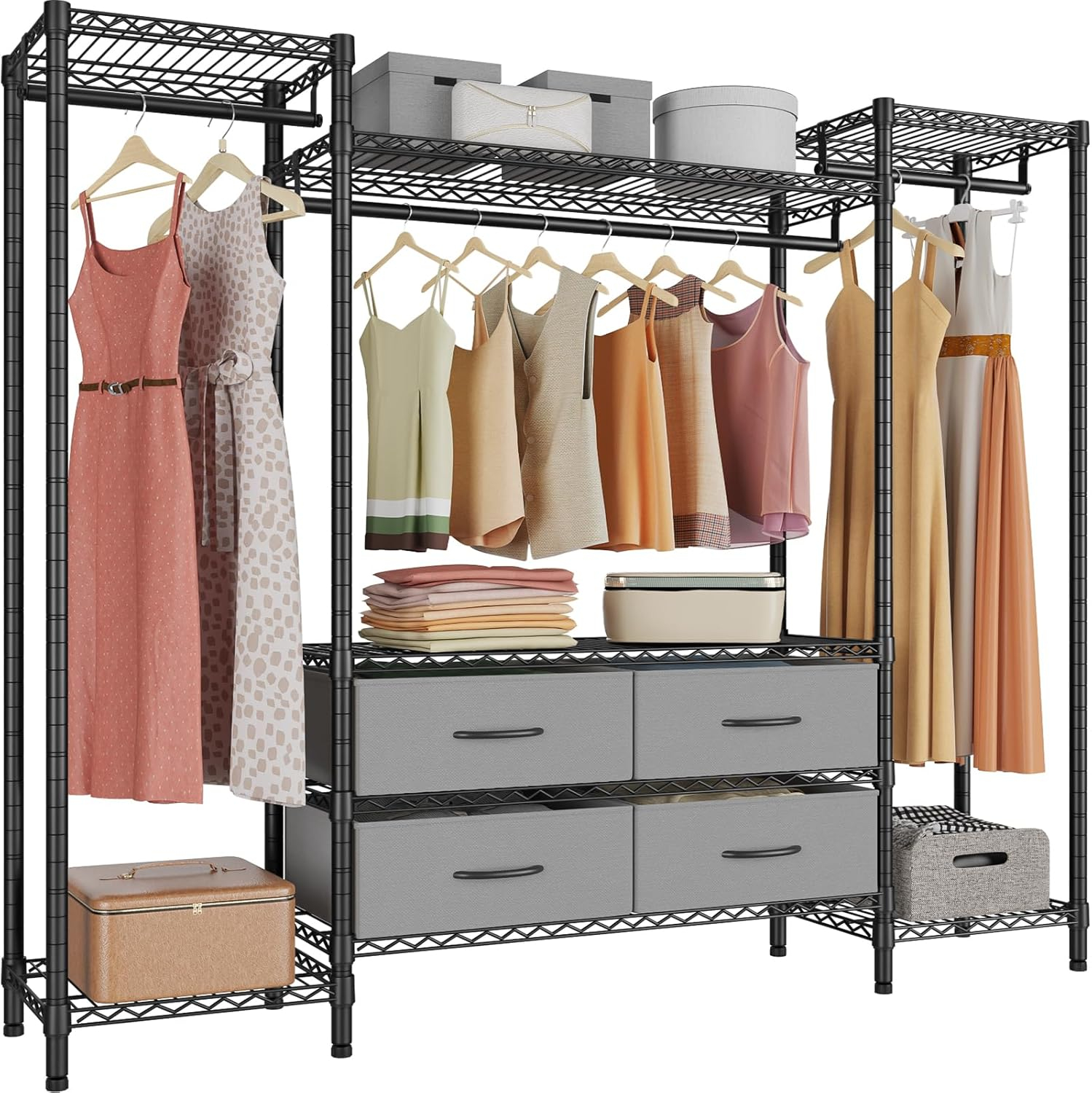 Metal Clothes Rack With 6 Shelves, 3 Hanging Rails And 4 Fabric Drawers, 56.7"L X 14.6"W X 70.9"H,