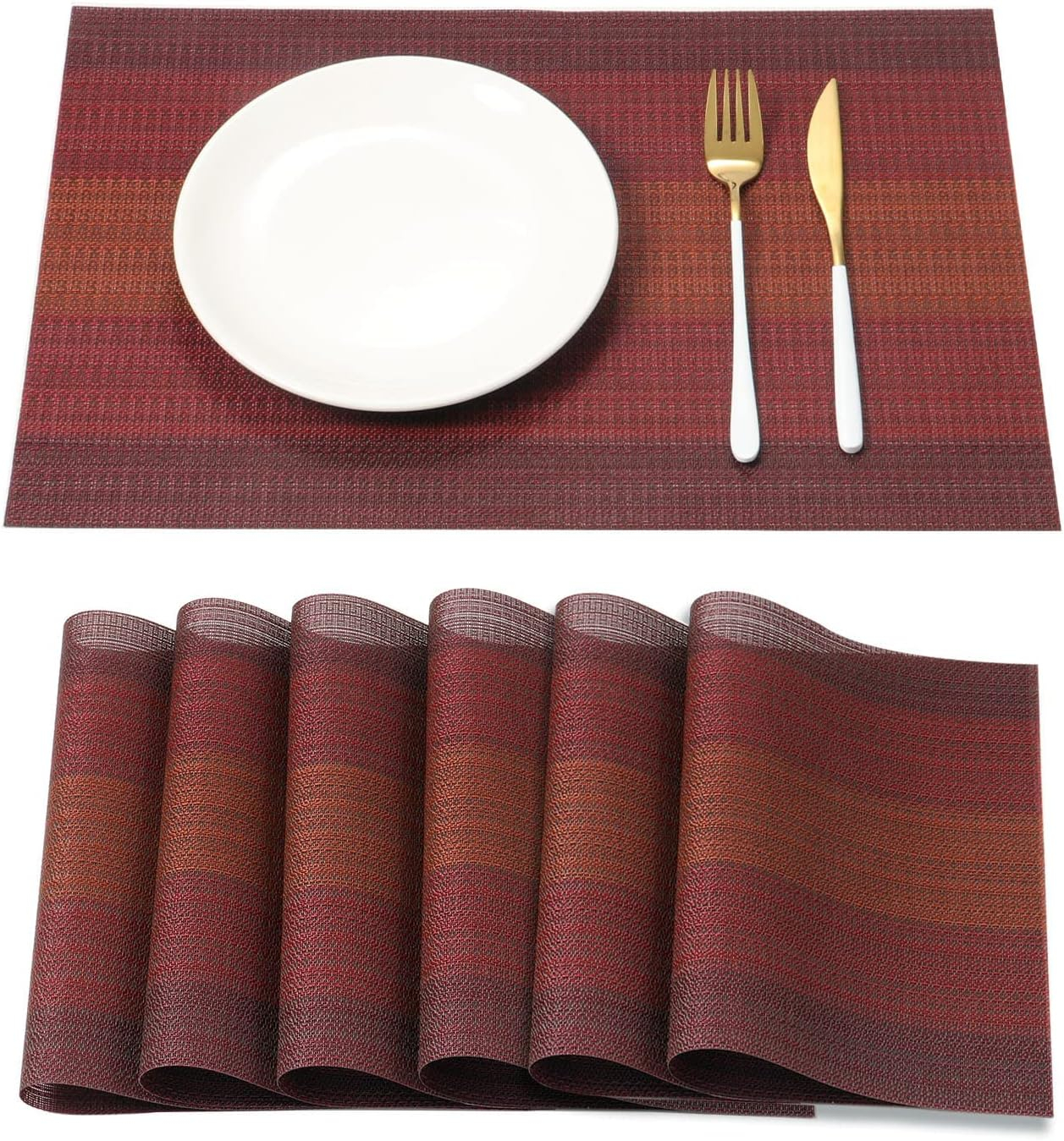 Table Placemats Set of 6 with Coasters Crossweave Woven Vinyl Wipe Clean Heat Resistant Washable Table Mats and Runner Set for Dining Table, Red