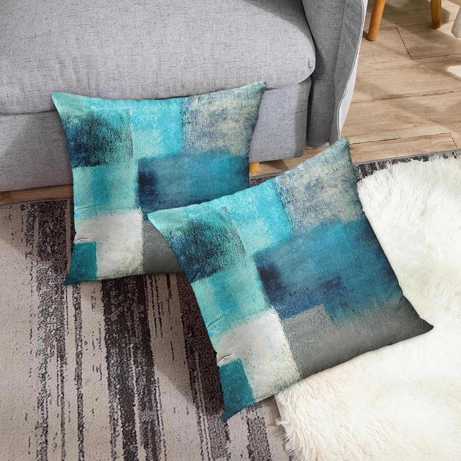 Britimes Throw Pillow Covers Modern Home Art Decor, 20 x 20 Inches Set of 2 Pillow Cases Decorative, Abstract Oil Painting Pillowcases for Bedroom, Cushion Couch Sofa, Living Room, Teal Peacock Blue