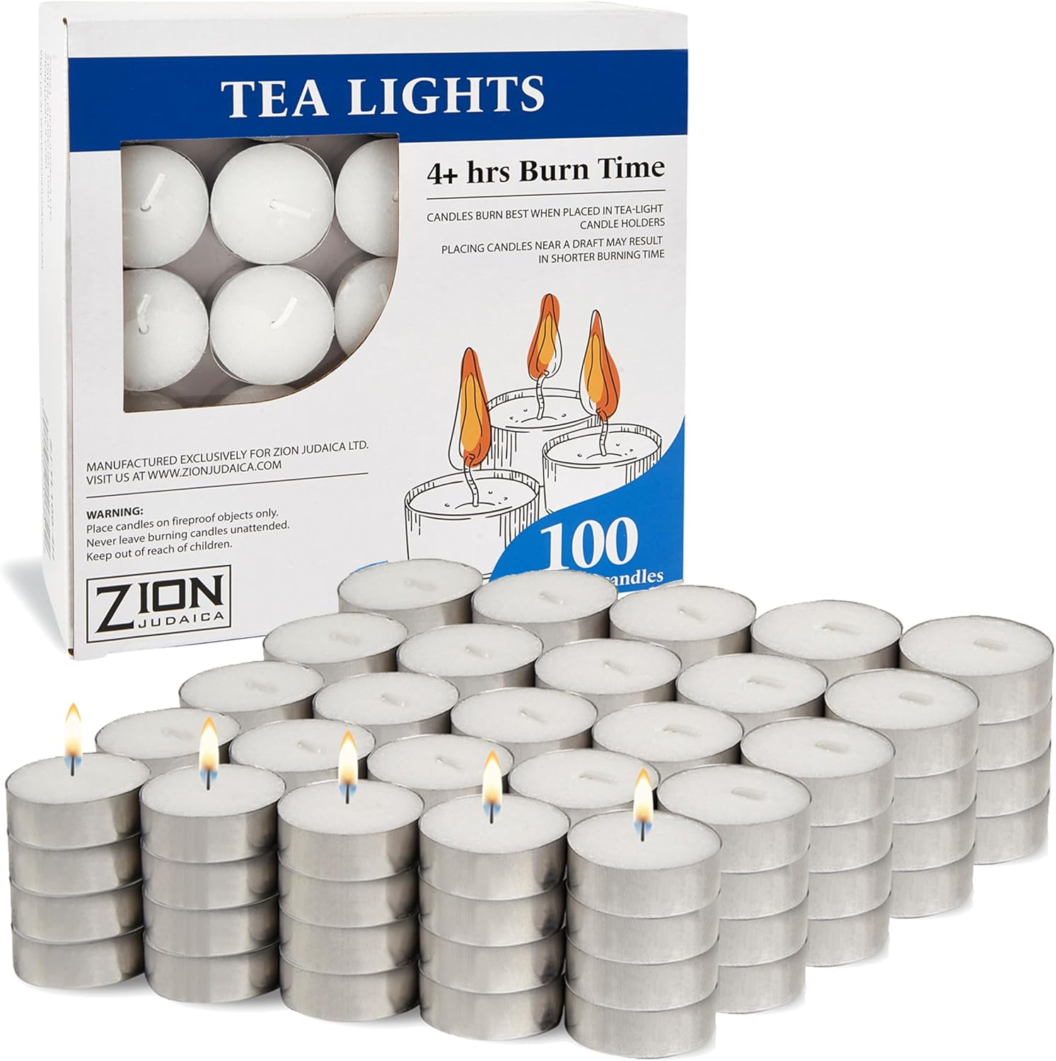 Zion Judaica Premium Unscented Tealight Candles Set Smokeless Multi-Pack Tea Candles Dripless Clean Burning Tea Lights Long Lasting Candlelight for Home Décor Religious Ceremonies (4 Hour, 100, Count)