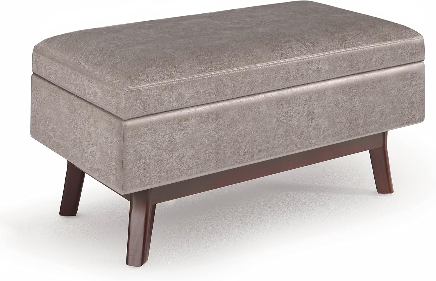 Simpli Home Owen 36 inch Wide Mid Century Modern Rectangle Small Rectangular Storage Ottoman in Distressed Grey Taupe Faux Air Leather