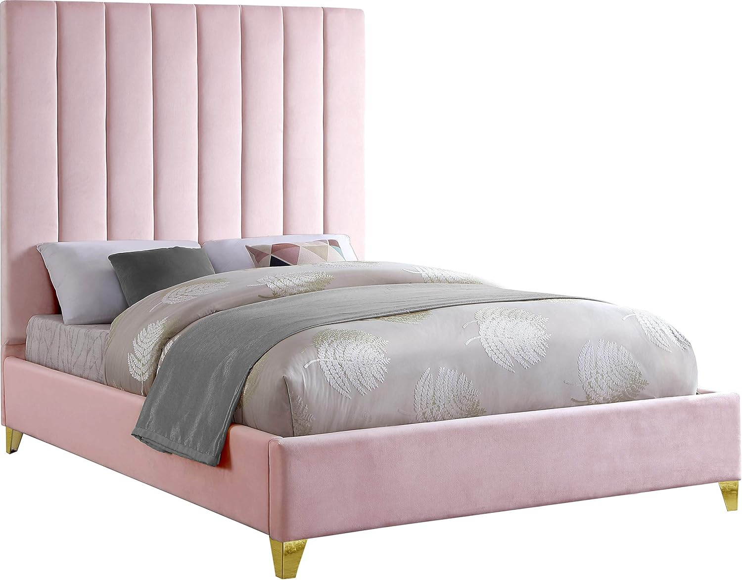 Elegant Pink Velvet Upholstered Queen Bed with Tufted Headboard