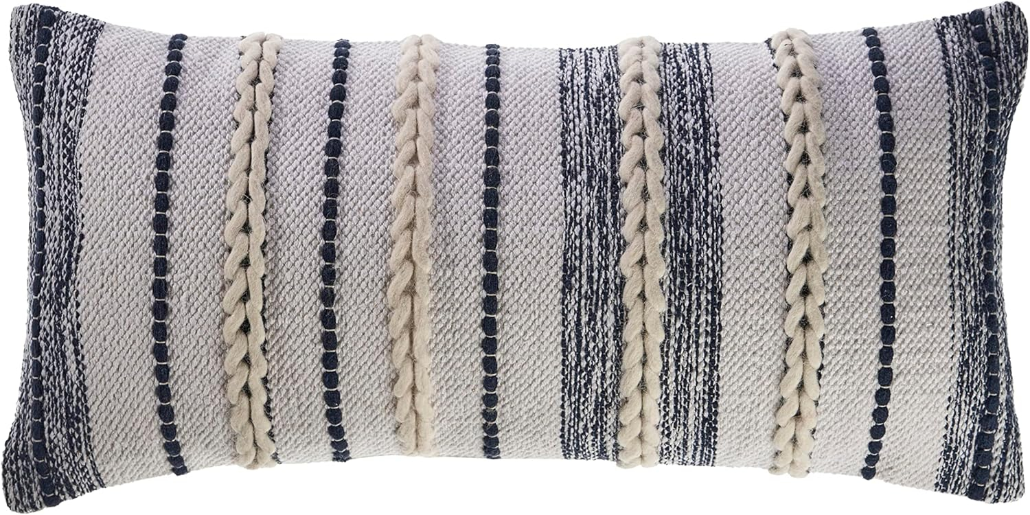 Ox Bay Tessa 14" x 28" White/Navy Striped Adult Decorative Lumbar Throw Pillow Cover