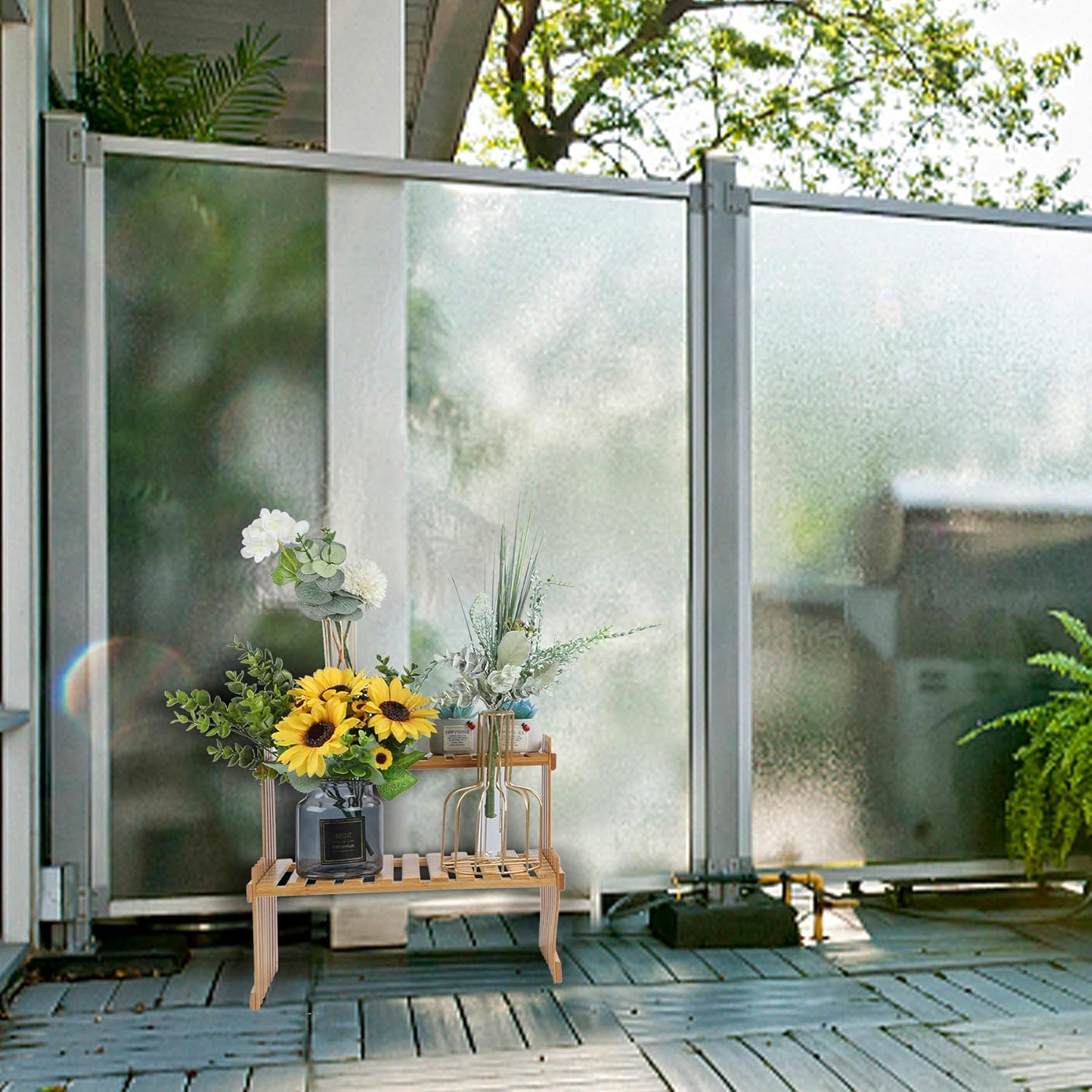 14.6"/18.5" 2 Tiers Bamboo Plant Stand Shelf,Desk Flower Pot Holder,Adjustable Desktop Shelf Display Organizer Ladder Rack For Office Decorate Storage Rack,Kitchen rack (14.6" Length)