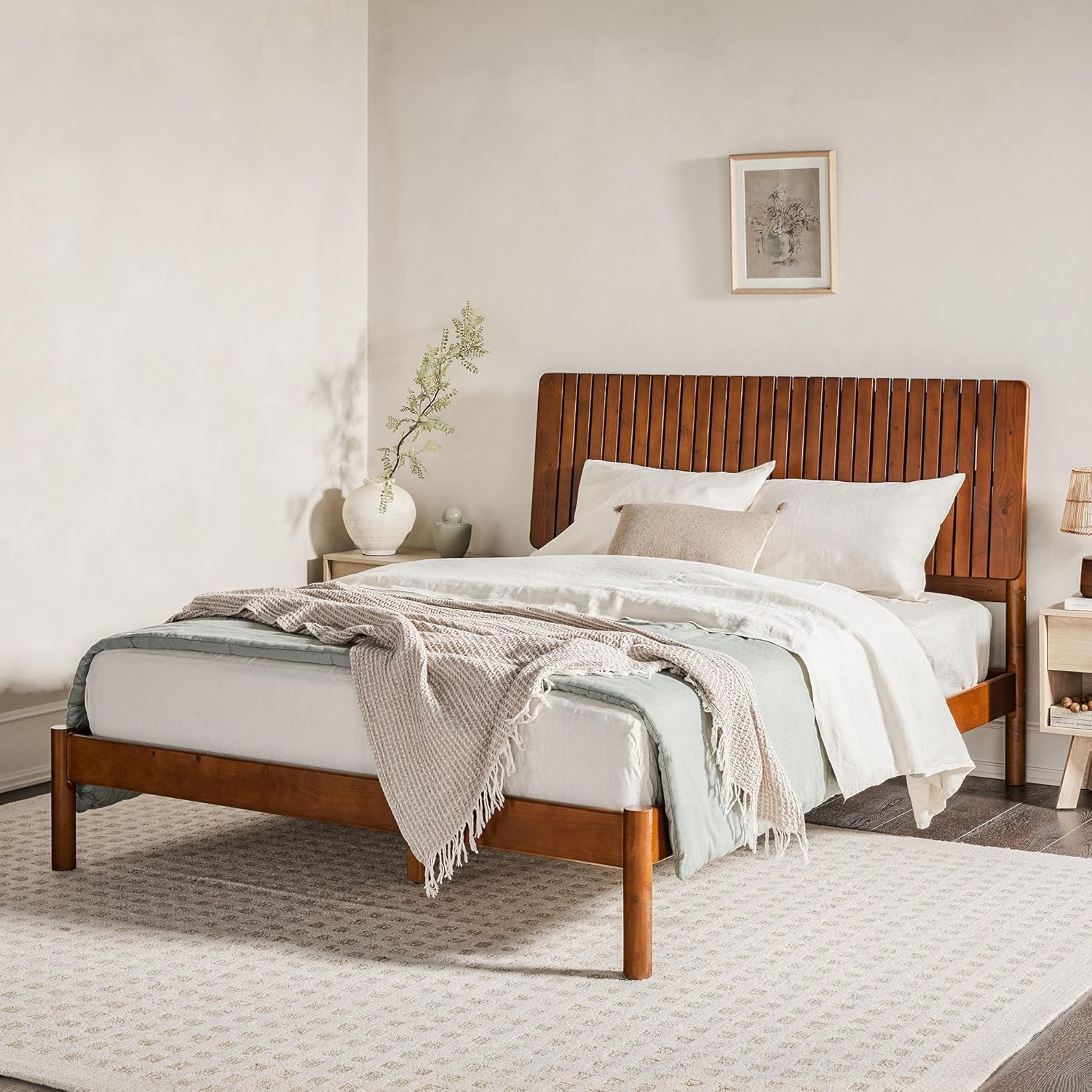Walker Edison Transitional Solid Wood Platform Queen Bed, Dark Brown