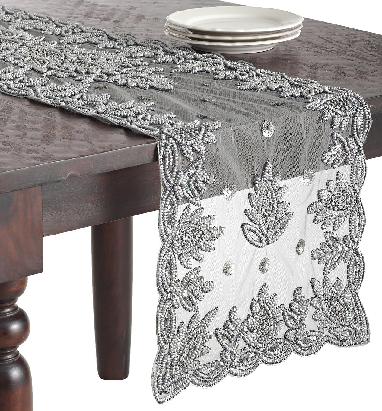Saro Lifestyle Hand Beaded Design Runner, Pewter, 16" x 72"