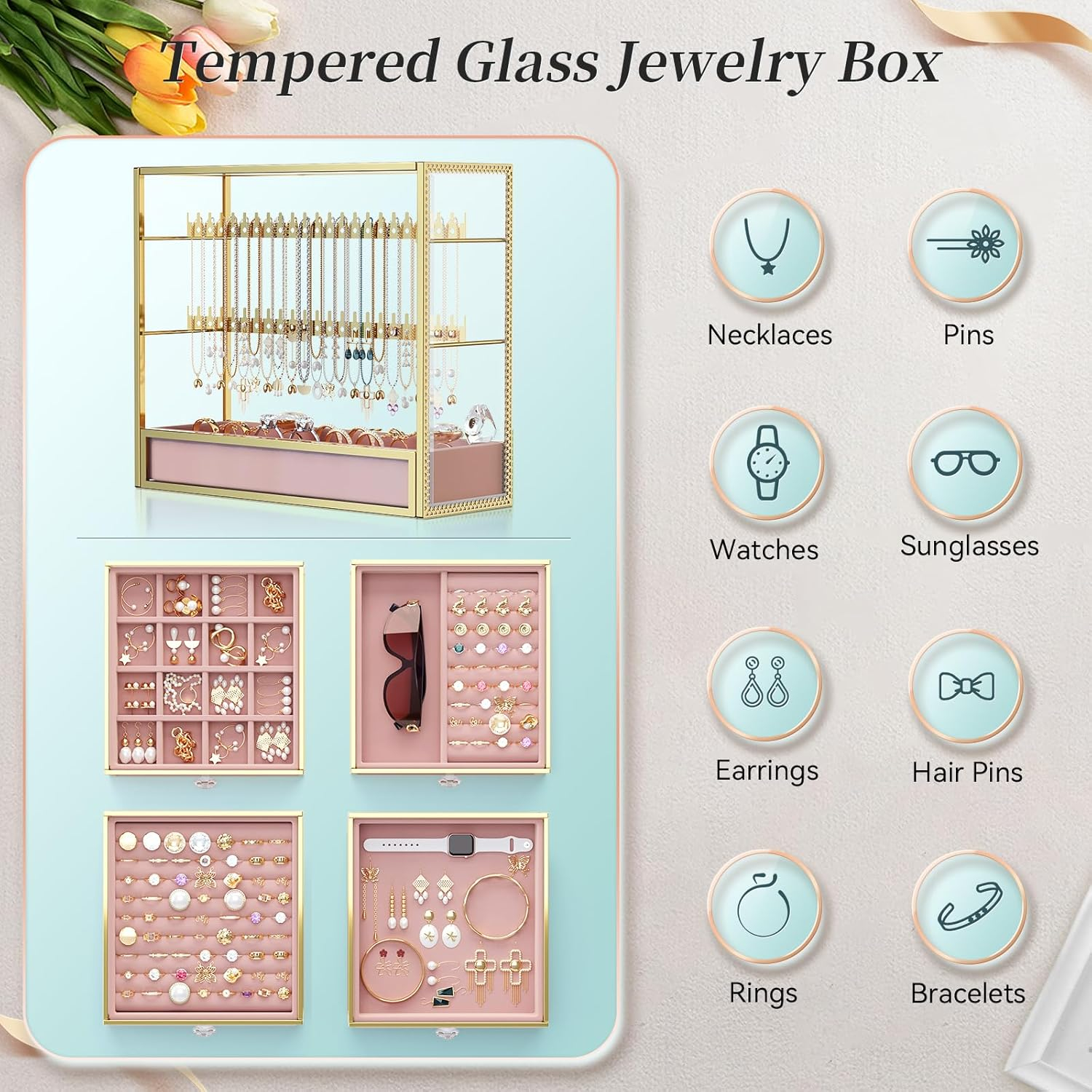 Youdepot Jewelry organizer box-Tempered Glass 5-Drawer jewelry boxes for women, Large Jewelry Boxes & Organizers With Velvet Necklaces Earring Organizer.