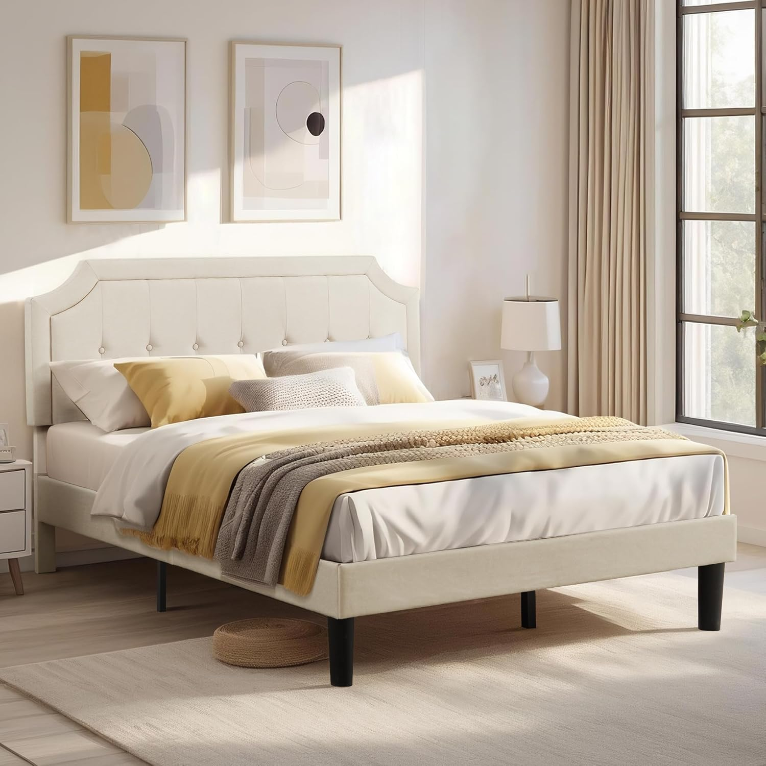 VECELO Queen Size Platform Bed Frame with Fabric Upholstered Headboard and Wooden Slats Support, No Box Spring Needed/Easy Assembly,Beige