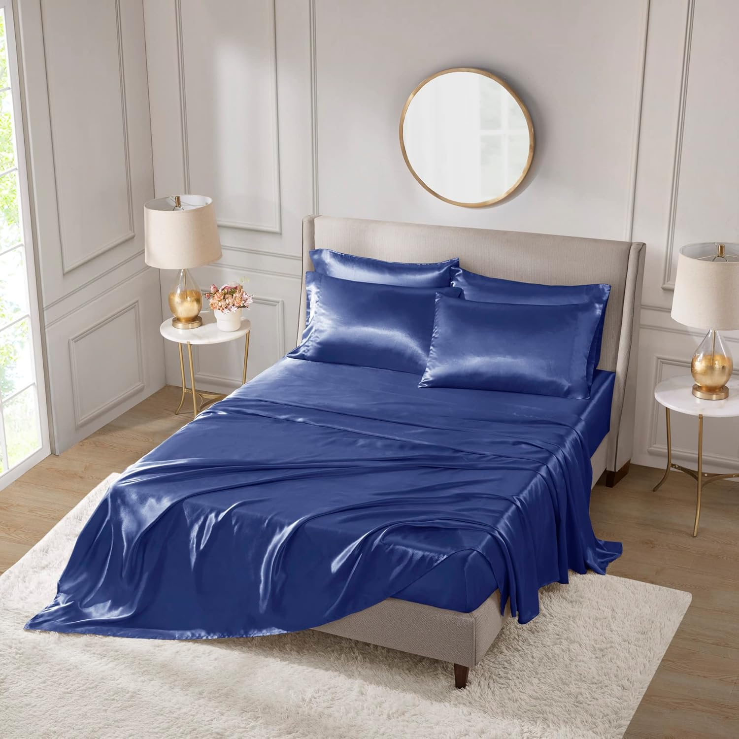 Madison Park Essentials Satin Sheet Set Luxury and Silky with Natural Sheen, Elastic 14" Pocket fits up to 16" Mattress, All Around Elastic - Year-Round Bedding, Cal King, Navy, 6 Piece