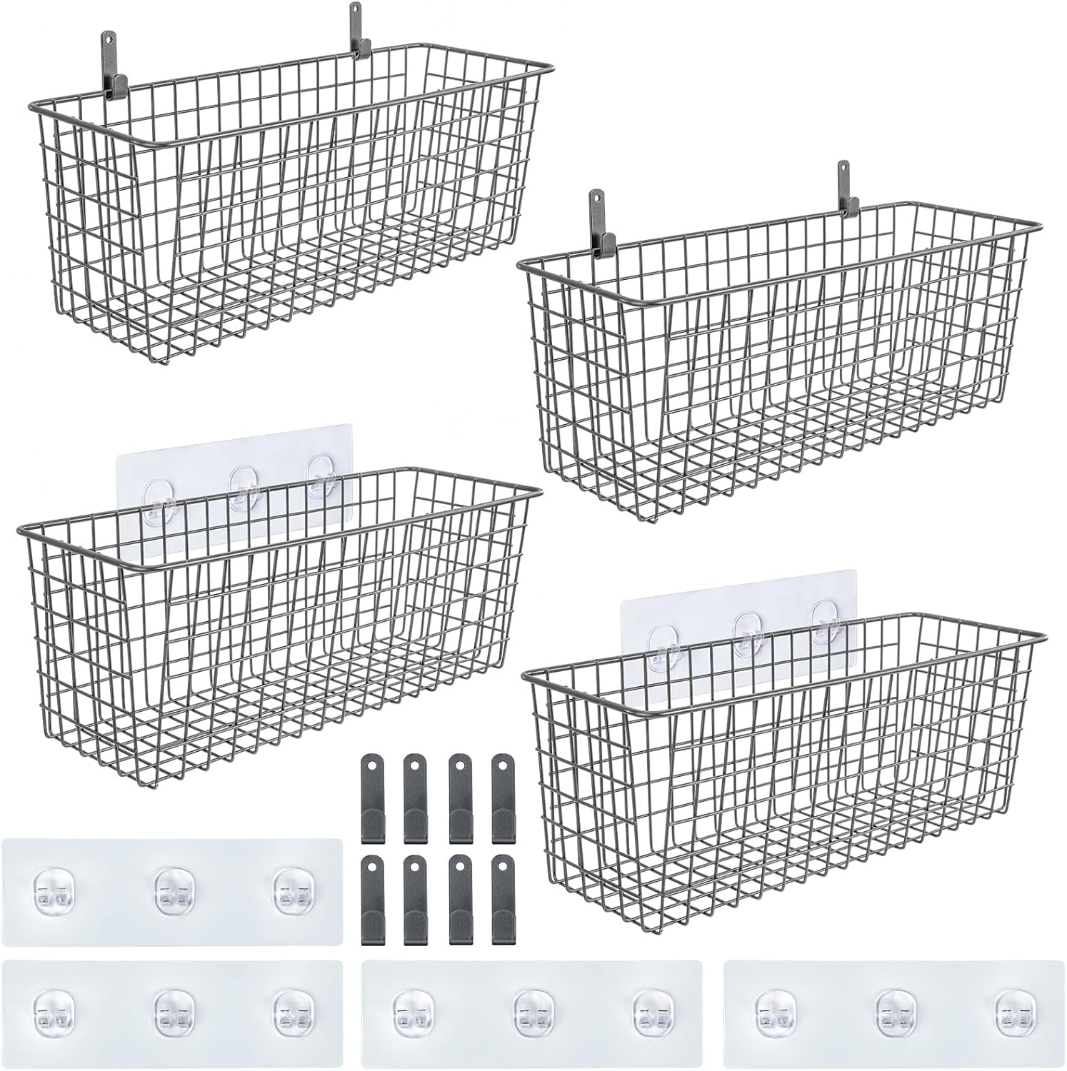 [2 Wall Mounting Options], 4 Set EXTRA LARGE Hanging Wall Mount Basket for Storage with Adhesive Hooks & Steel Hooks, Sturdy Wire Metal Baskets, Home Kitchen Bathroom Pantry Organizer, Industrial Gray