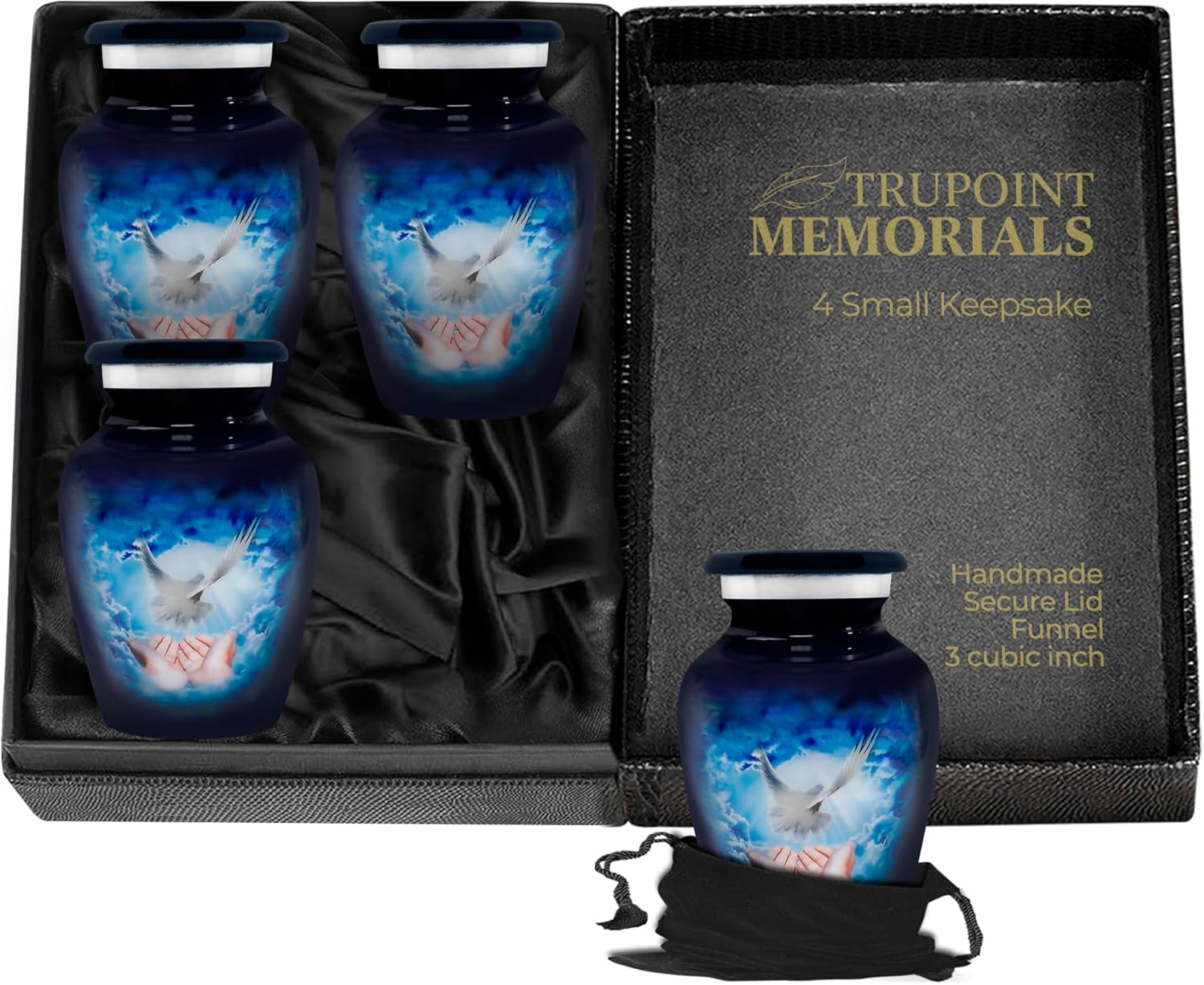 Trupoint Memorials Small Urns for Human Ashes Keepsake, Decorative Mini Cremation Urn for Adult Men & Women – Set of 4, Blue Dove