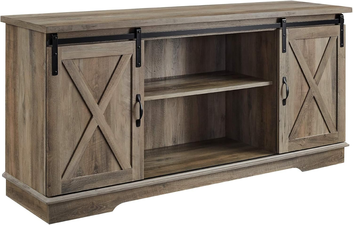 58" Modern Farmhouse Wood TV Stand with Sliding Barn Doors - Solid White Oak