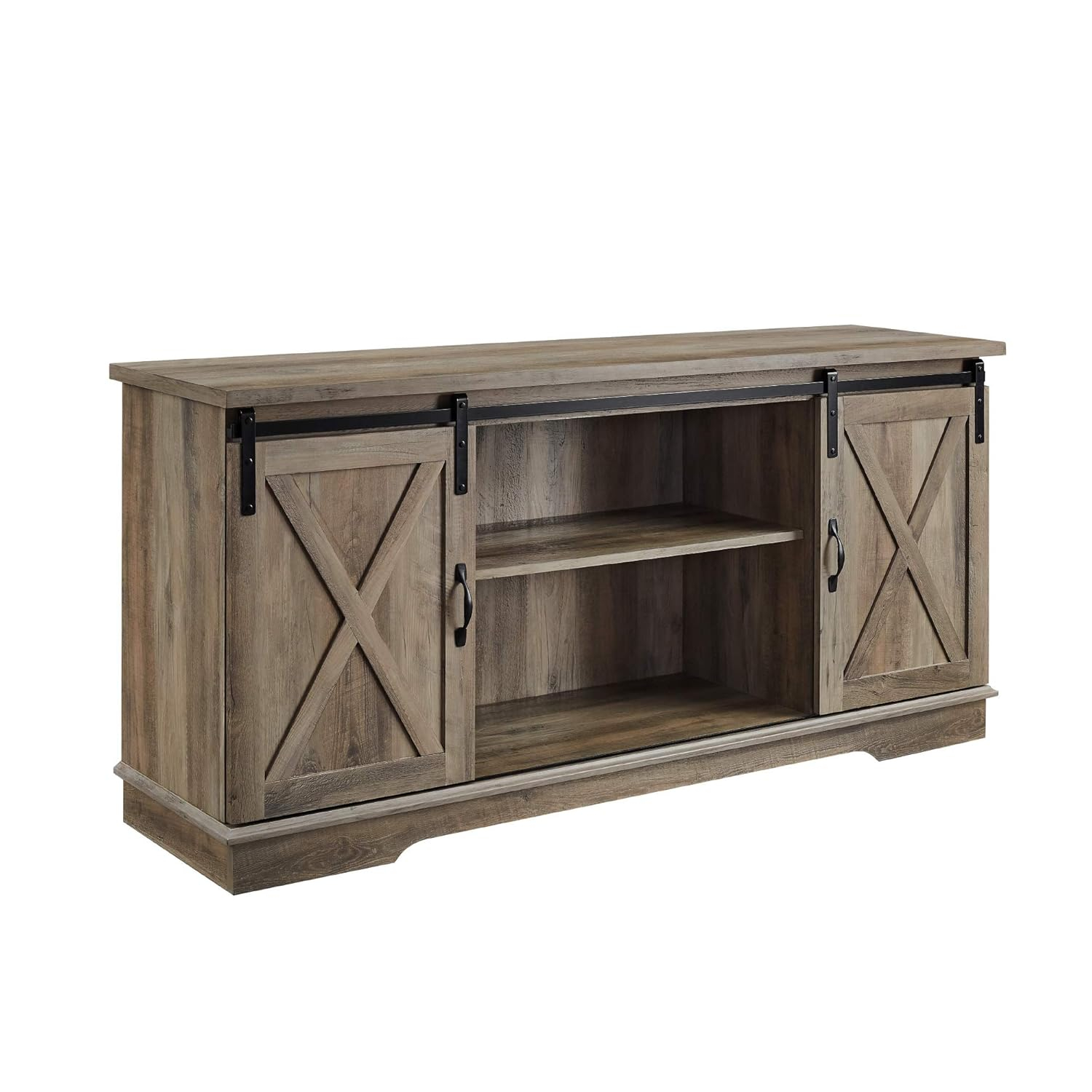 58" Modern Farmhouse Wood TV Stand with Sliding Barn Doors - Solid White Oak