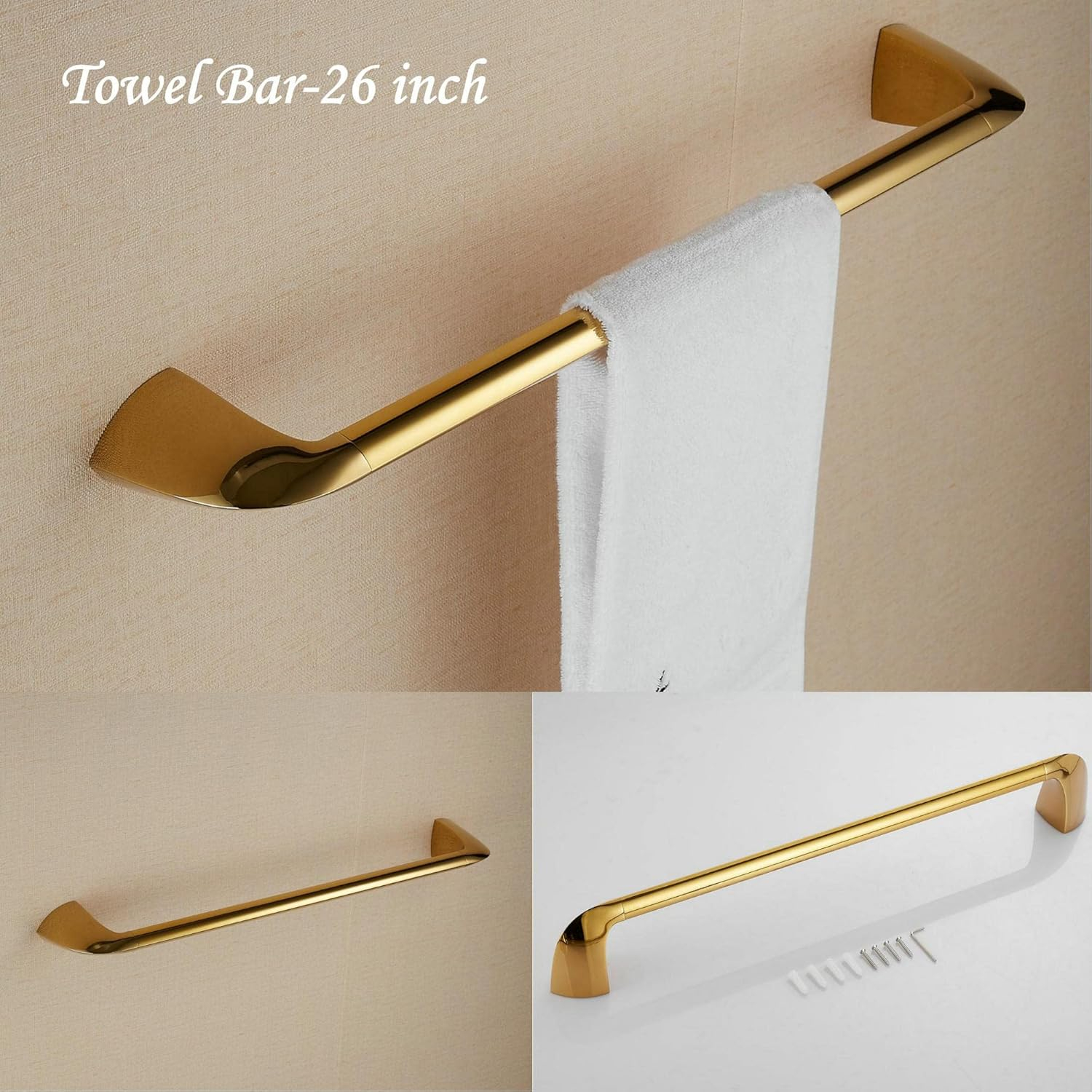 Bathroom Accessory Set 4-Piece Includes Towel Rack+Hand Towel Holder+Toilet Paper Holder+ Hook,Polished Gold Bath Accessories Hardware,Solid Brass/Wall Mounted