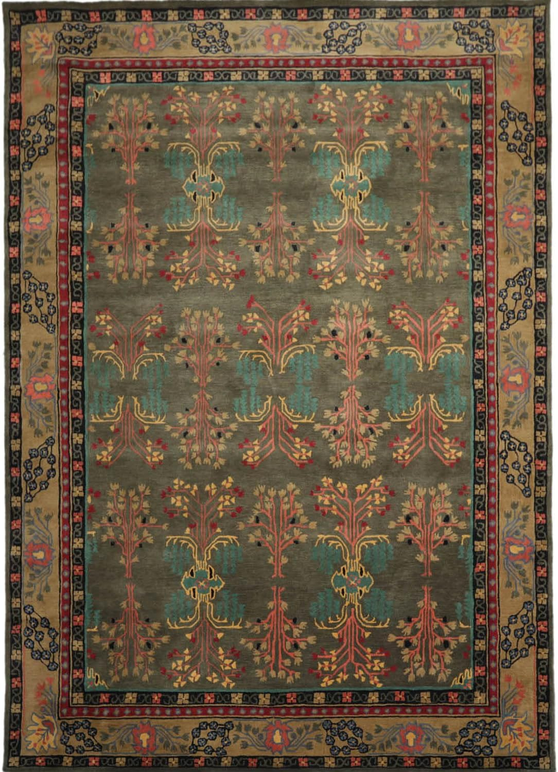 Handmade Gray and Green Wool Oriental 9' x 12' Area Rug