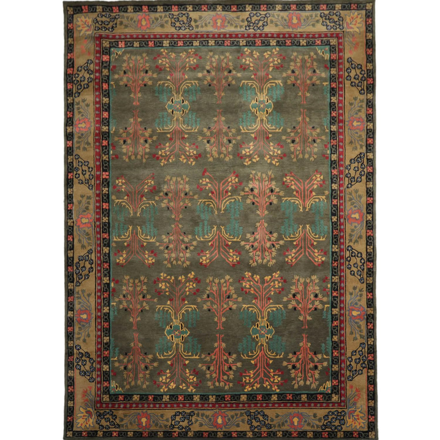 Handmade Gray and Green Wool Oriental 9' x 12' Area Rug