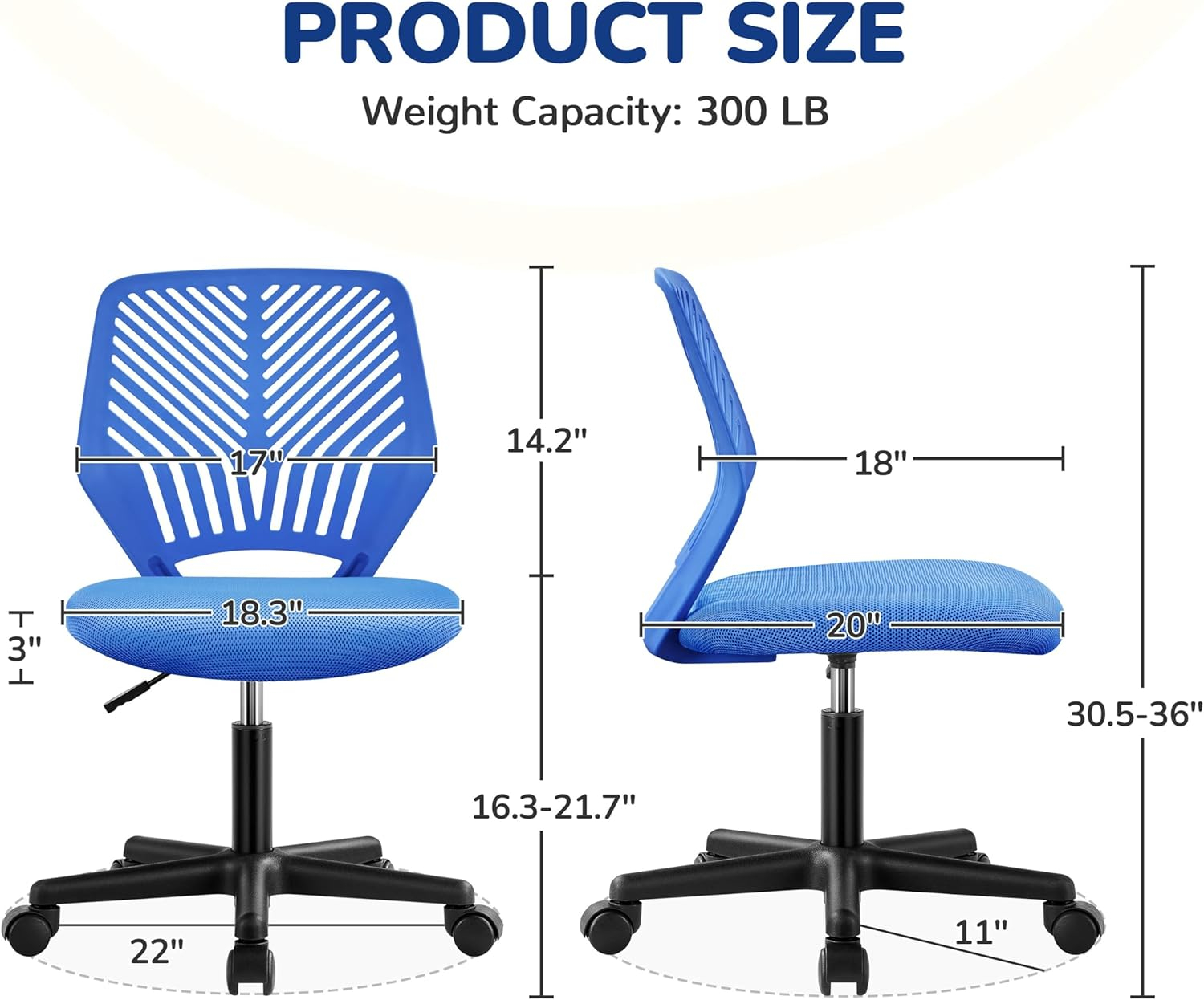 Yaheetech Students Desk Chair Low-Back Armless Study Chair Cute with Lumbar Support Adjustable Height for Youth, Blue