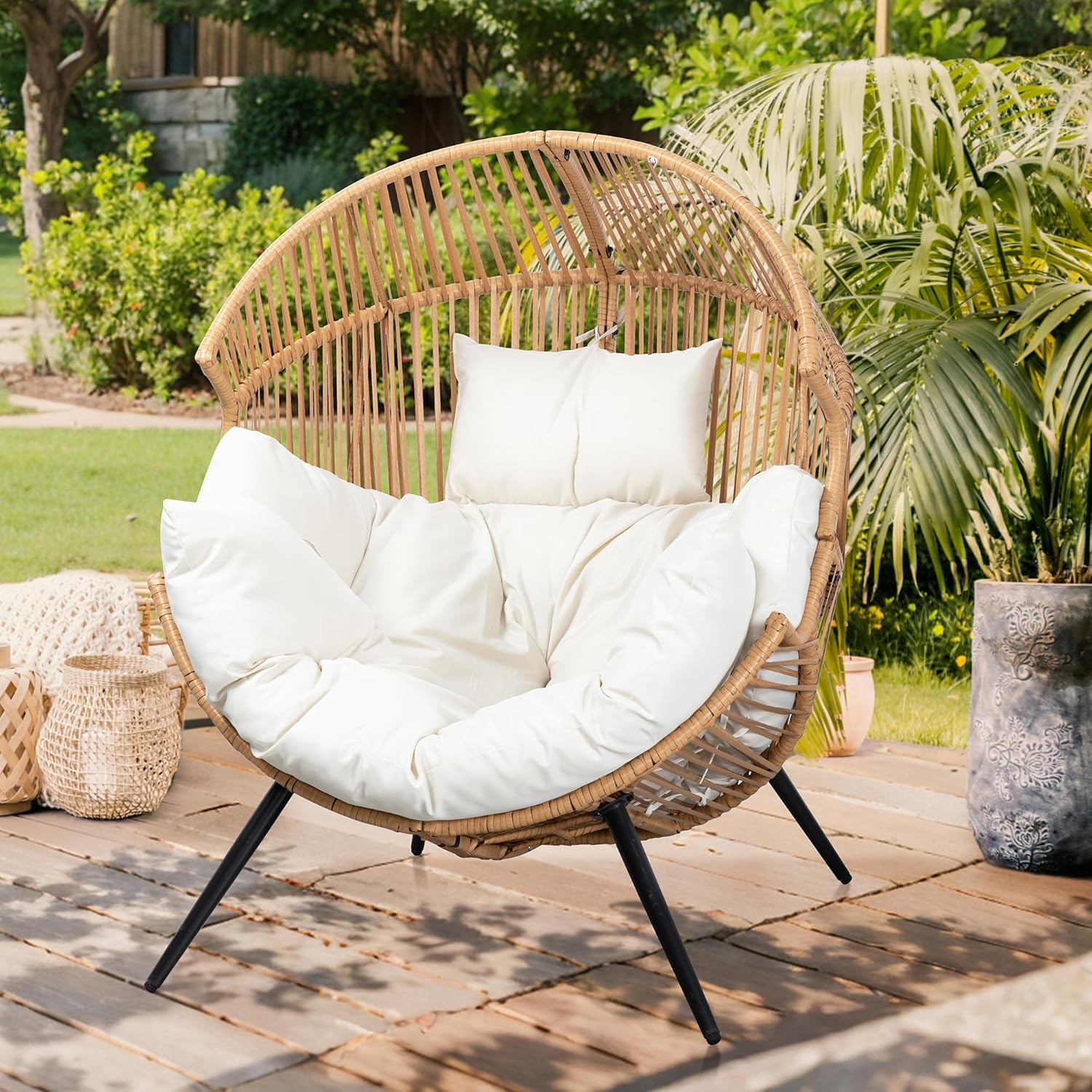 Vongrasig Wicker Egg Chair PE Rattan Chair with Cushion, Oversized Patio Lounge Chair for Outdoor, Indoor, Balcony, Backyard, Garden, Living Room, Beige