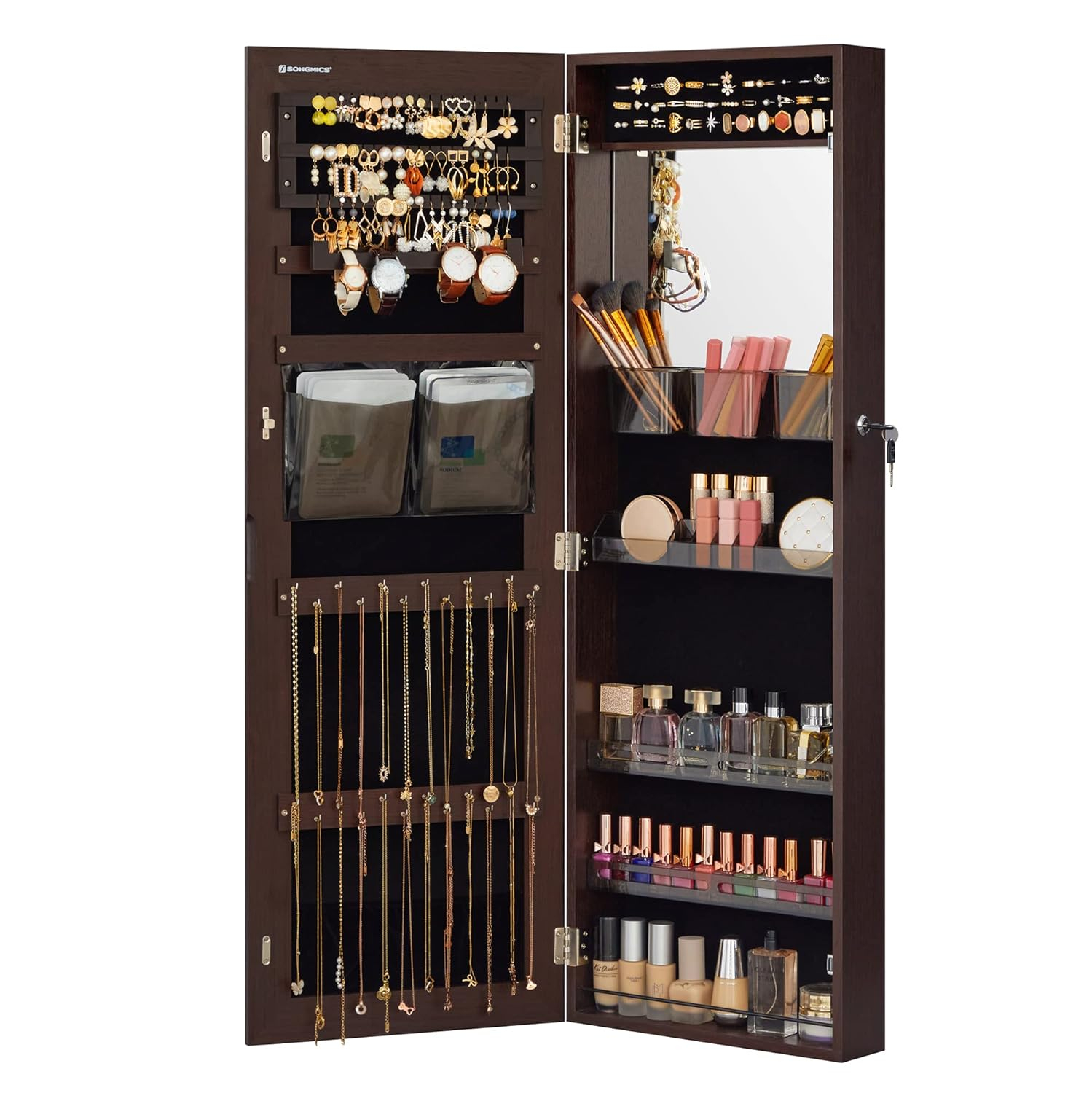 SONGMICS Jewelry Armoires Wall/Door Mount Jewelry Storage Cabinet Organizer Box Full-Length Mirror with Built-in Small Mirror Jewelry Shelves Gift Idea Brown