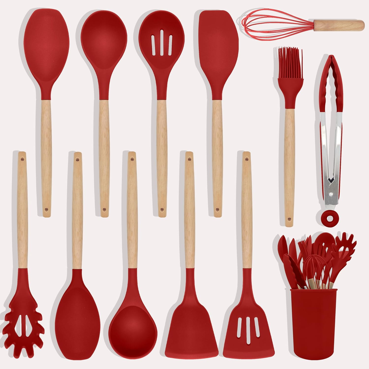 Silicone Kitchen Utensils, 12 Piece Non-Stick Heat Resistant Cookware Set with Wooden Utensil Handle, Black - Red