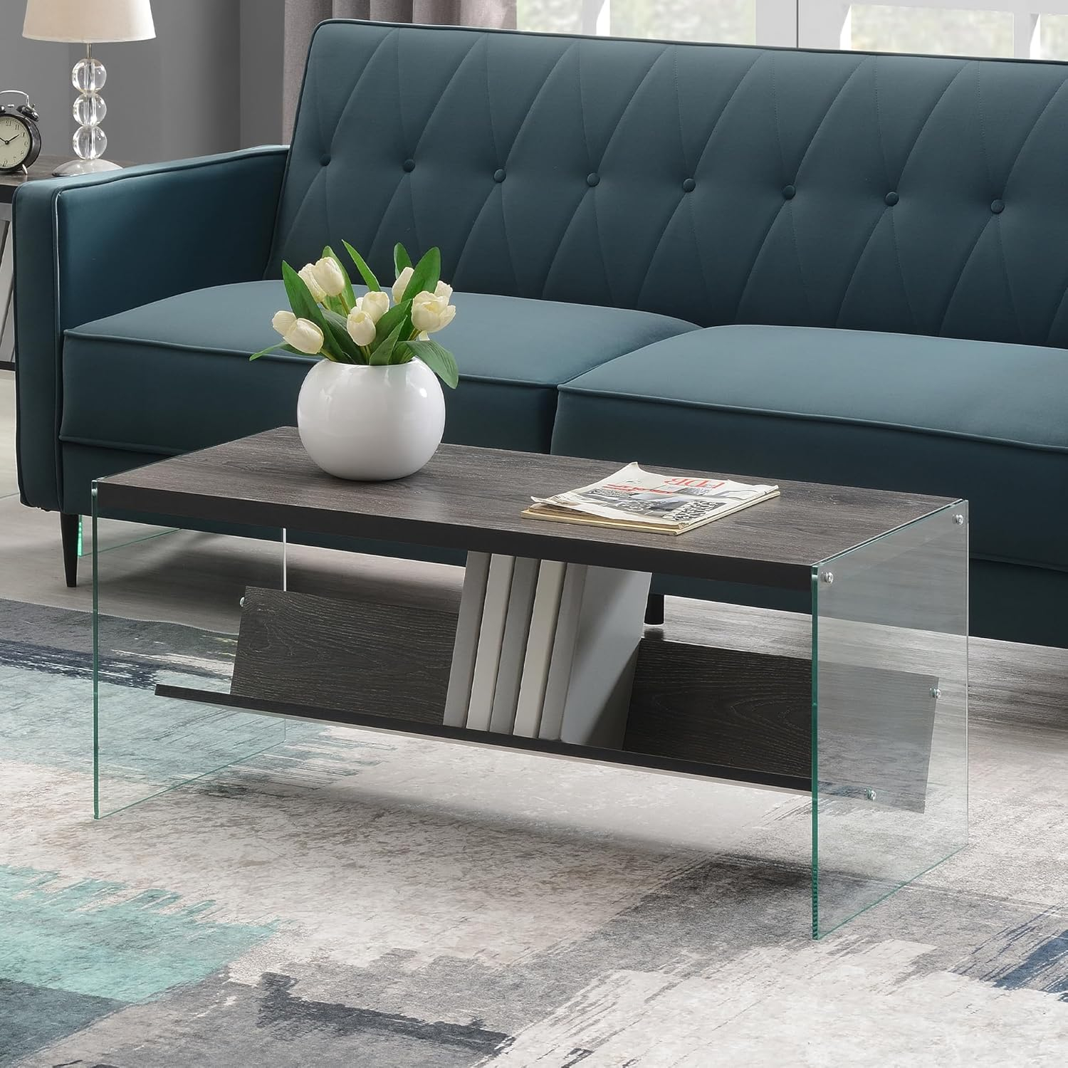 Convenience Concepts SoHo Glass Coffee Table with Shelf, Weathered Gray/Glass
