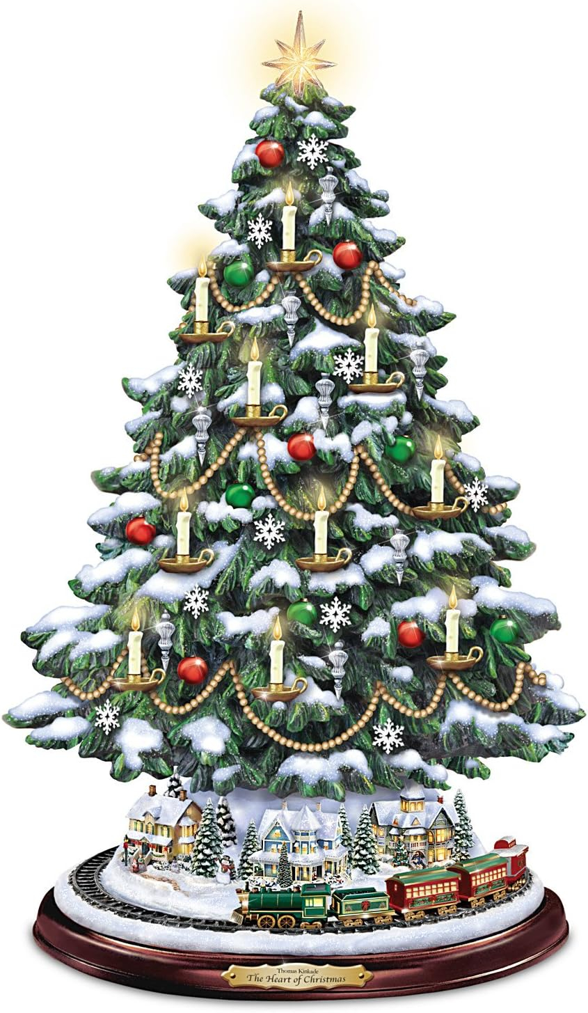 Bradford Thomas Kinkade Candlelit Tabletop Tree Lights & Music & Rotating Train