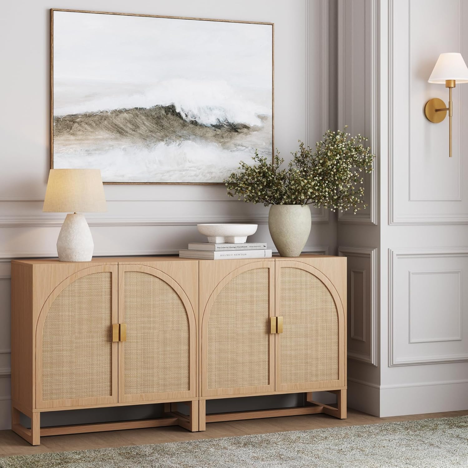 Nathan James Paxton Mid-Century Modern Wood Storage Cabinet with Doors, Arched Storage Cabinet for Living Room or Kitchen with Rattan Door Details, Raw Oak Set of 2