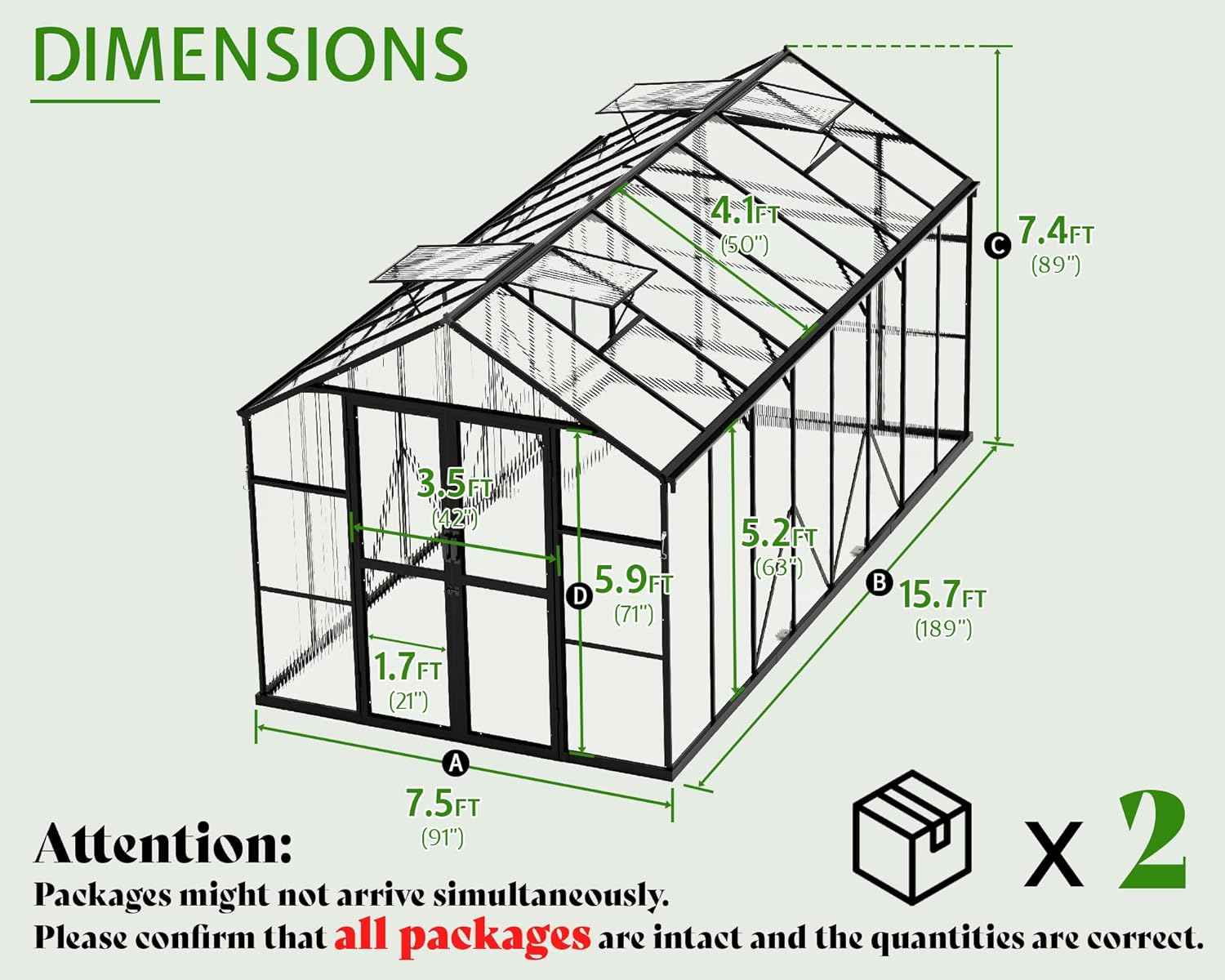 Jocisland 7.5x16x7.5 FT Polycarbonate Greenhouse with Quick Connector Fast Assembly, Outdoor Aluminum Greenhouses with Rain Gutter and Ventilation, Walk in Greenhouse for Backyard Garden, Black