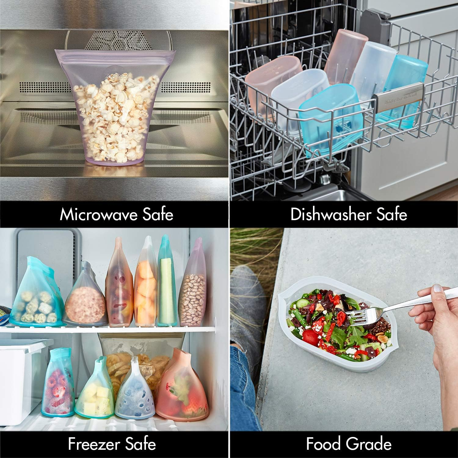 Zip Top Reusable Food Storage Bags | Full Set of 8 [Lavender] | Silicone Meal Prep Container | Microwave, Dishwasher and Freezer Safe | Made in the USA