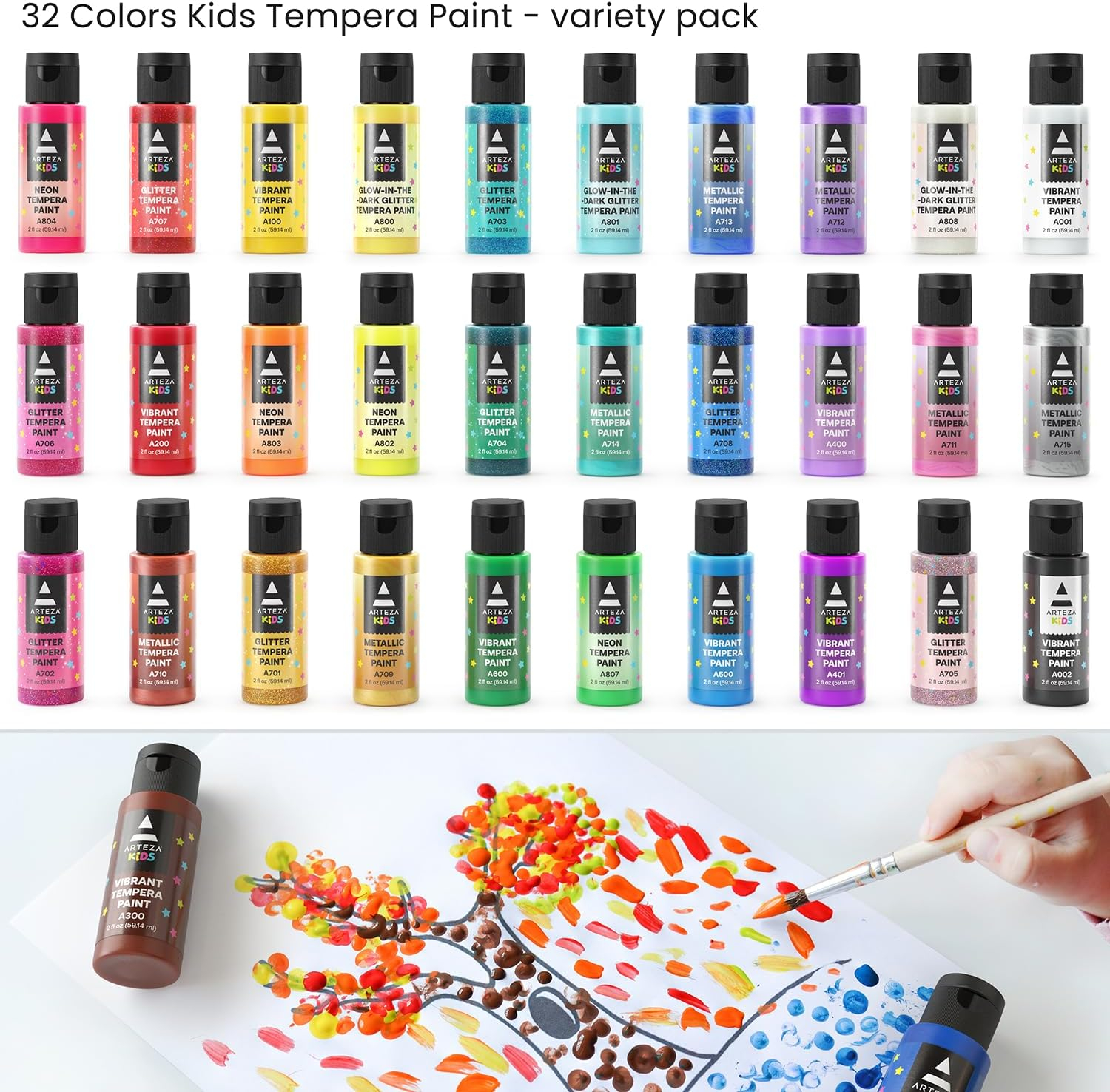 Arteza Kids Crafts Tempera Paint, Assorted Colors, 60ml Bottles, Washable - 32 Pack