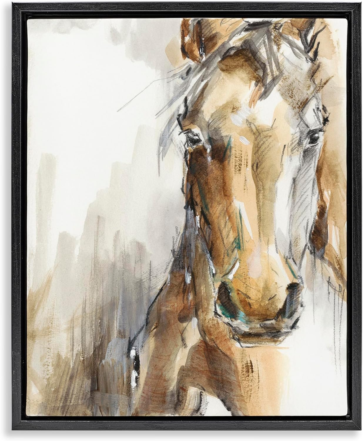Stupell Industries Horse Portrait Orange Brown Animal Watercolor Painting Jet Black Framed Floating Canvas Wall Art, 16x20, by Ethan Harper