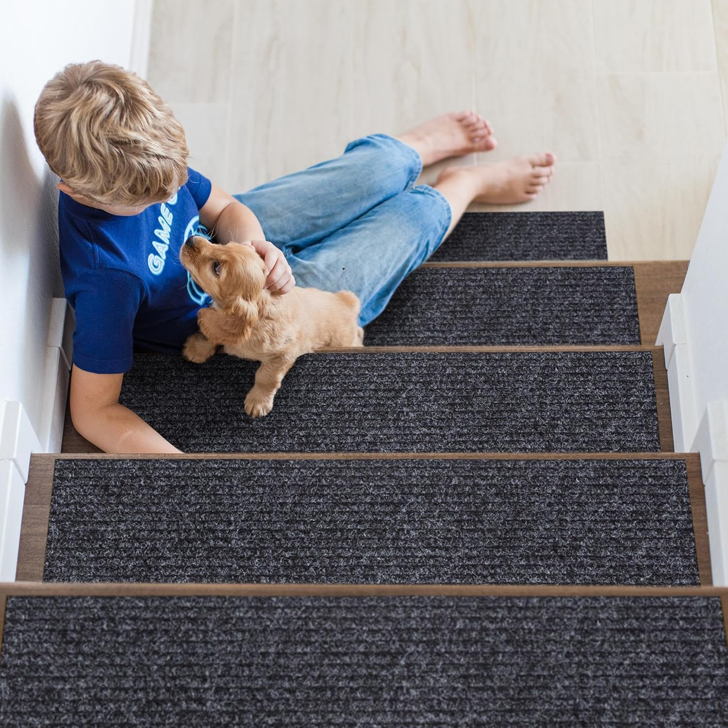 Ottomanson Non-Slip Rubberback Solid 8" x 30" Indoor/Outdoor Stair Treads for Stairs, Garage, Patio, 7 Pack, Black