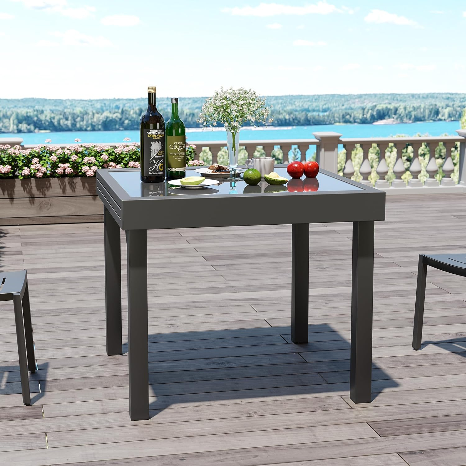 Modern Aluminum Outdoor Dining Table - Expandable Patio Glass Dining Table for 6-8, Extendable Aluminum Patio Extender Table 35" to 70" for Backyard, Porch, Deck, Garden, Tempered Glass Gray
