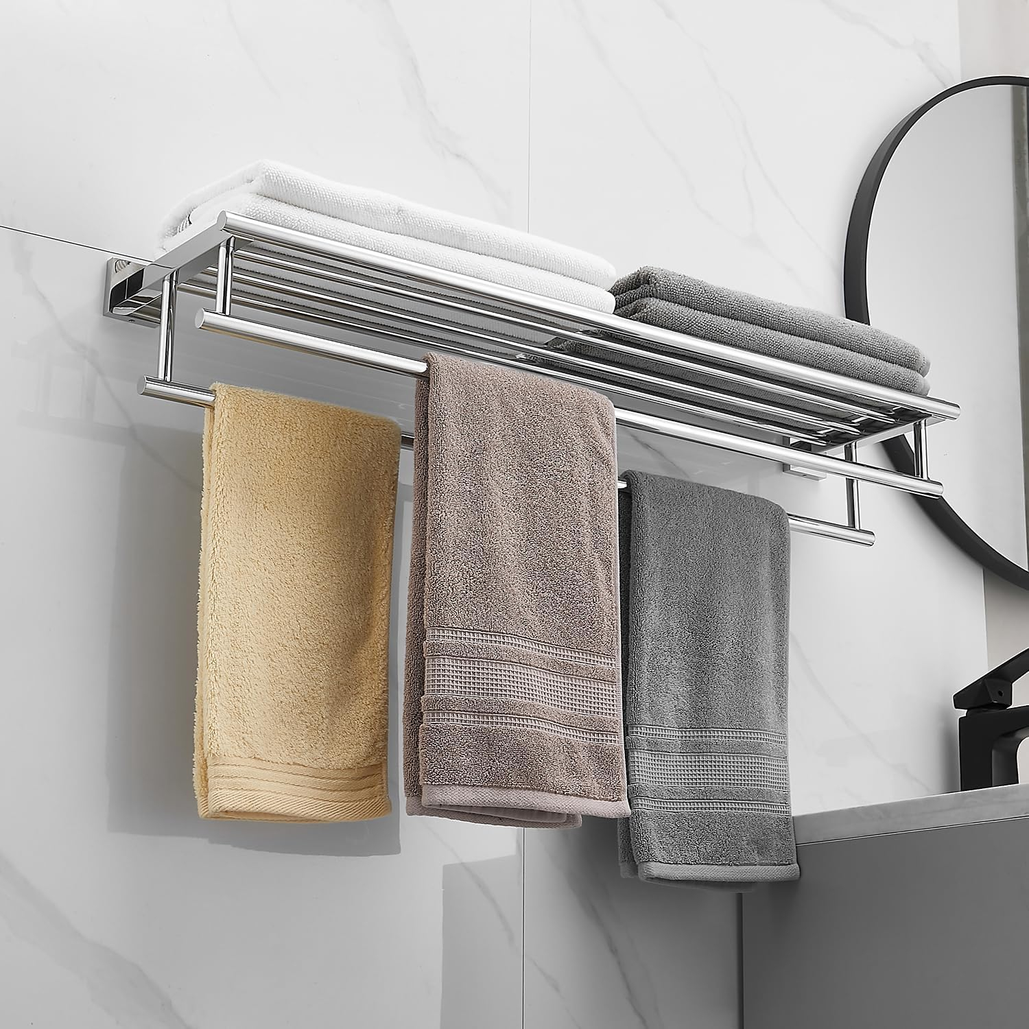 Bathroom Towel Rack with Double Towel Bar 32 Inch Bathroom Hotel Shower Shelf SUS304 Stainless Steel Modern Wall Mounted Holder Polished Chrome