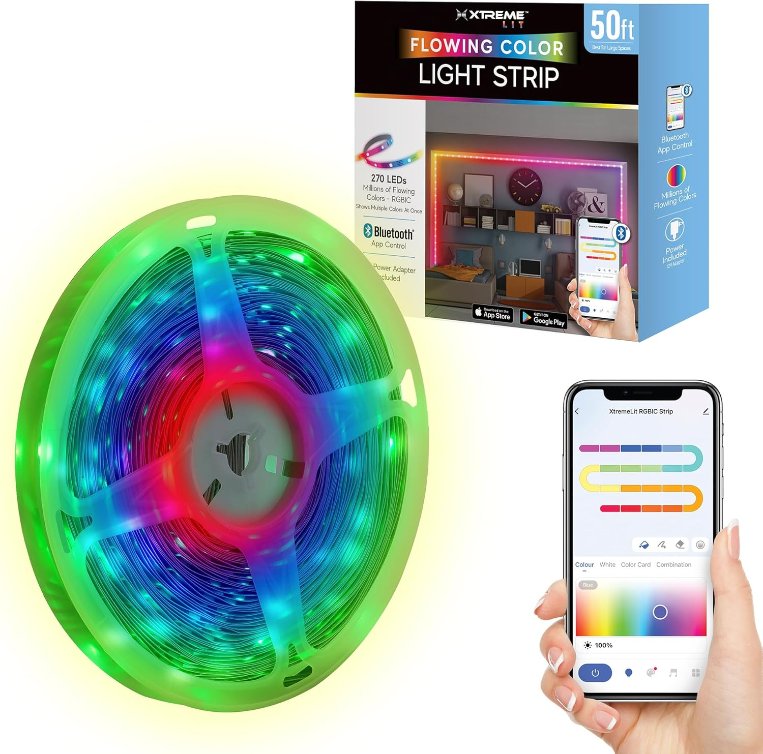 Xtreme Lit 50ft Bluetooth LED Light Strips, Flowing Color Effect, App Use, Indoor, Corded Electric