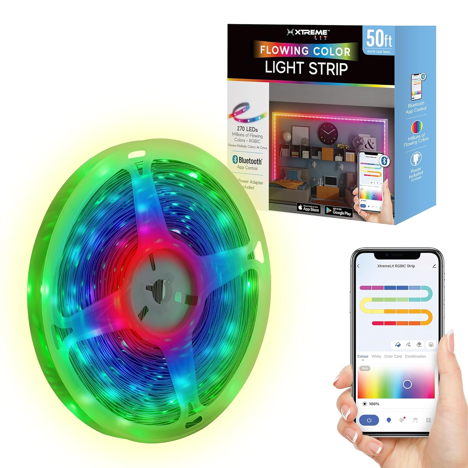 Xtreme Lit 50ft Bluetooth LED Light Strips, Flowing Color Effect, App Use, Indoor, Corded Electric