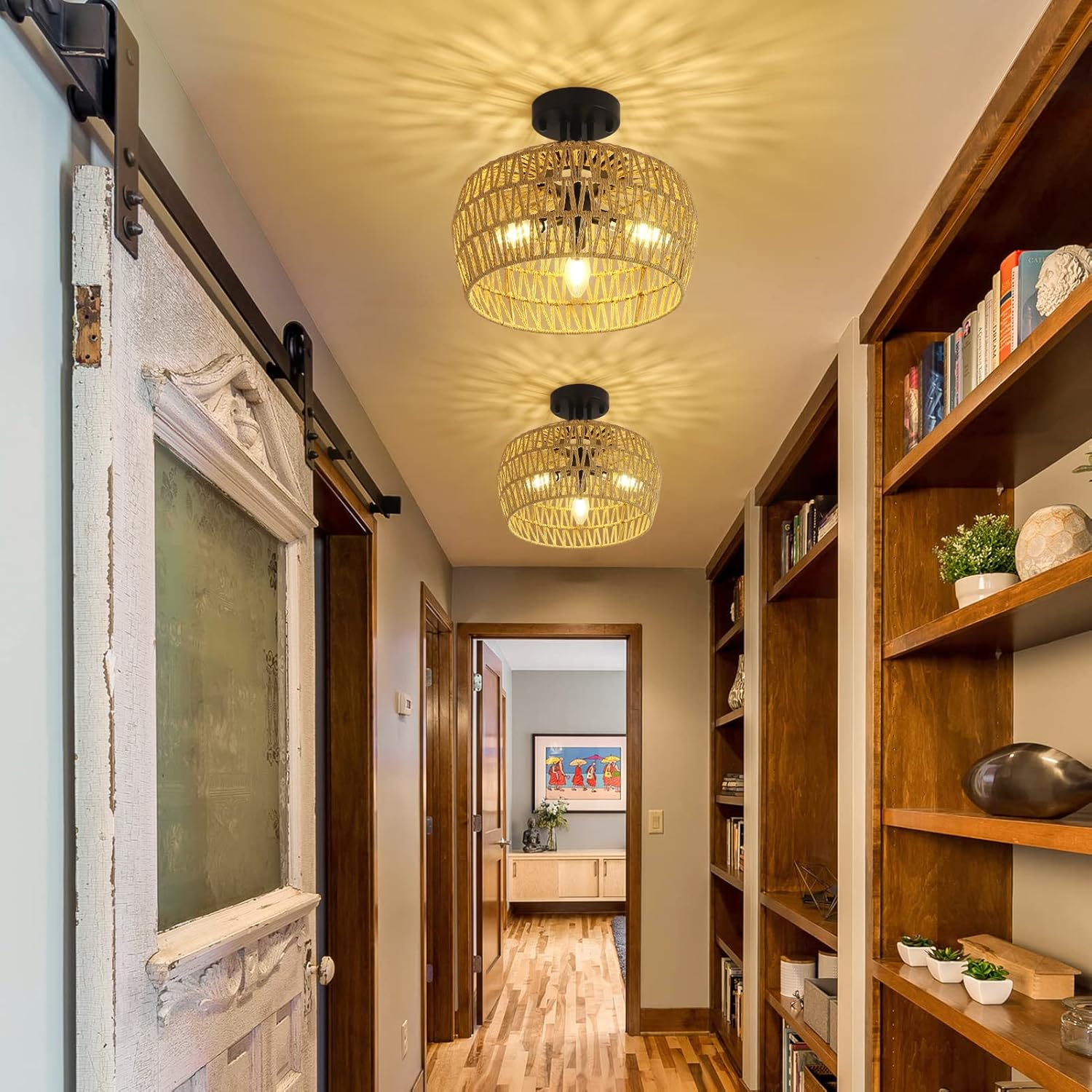 ACE-LIGHTS,3-Lights Semi Flush Mount Boho Chandelier Ceiling Light,Rattan Light Fixture Ceiling Mount with Handmade Wicker Lampshade for Bedroom,Living Room,Hallway,Kitchen(Brown)