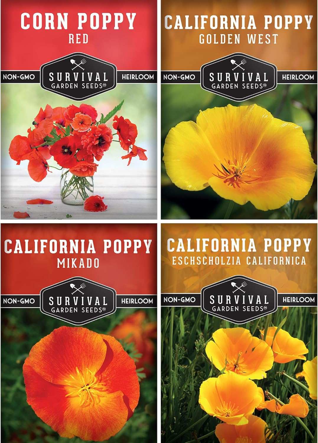 4 Packs Poppy Flower Seed - California, Golden West, Mikado, Red Corn - Full Sun Annual