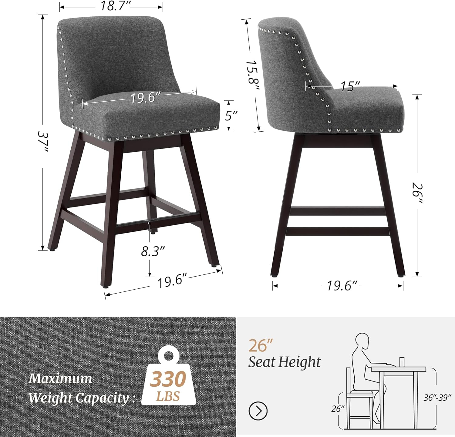 Dycanpo 26''H Swivel Counter Stools Set of 4 with Back Linen Fabric for Home Kitchen Island, Gray
